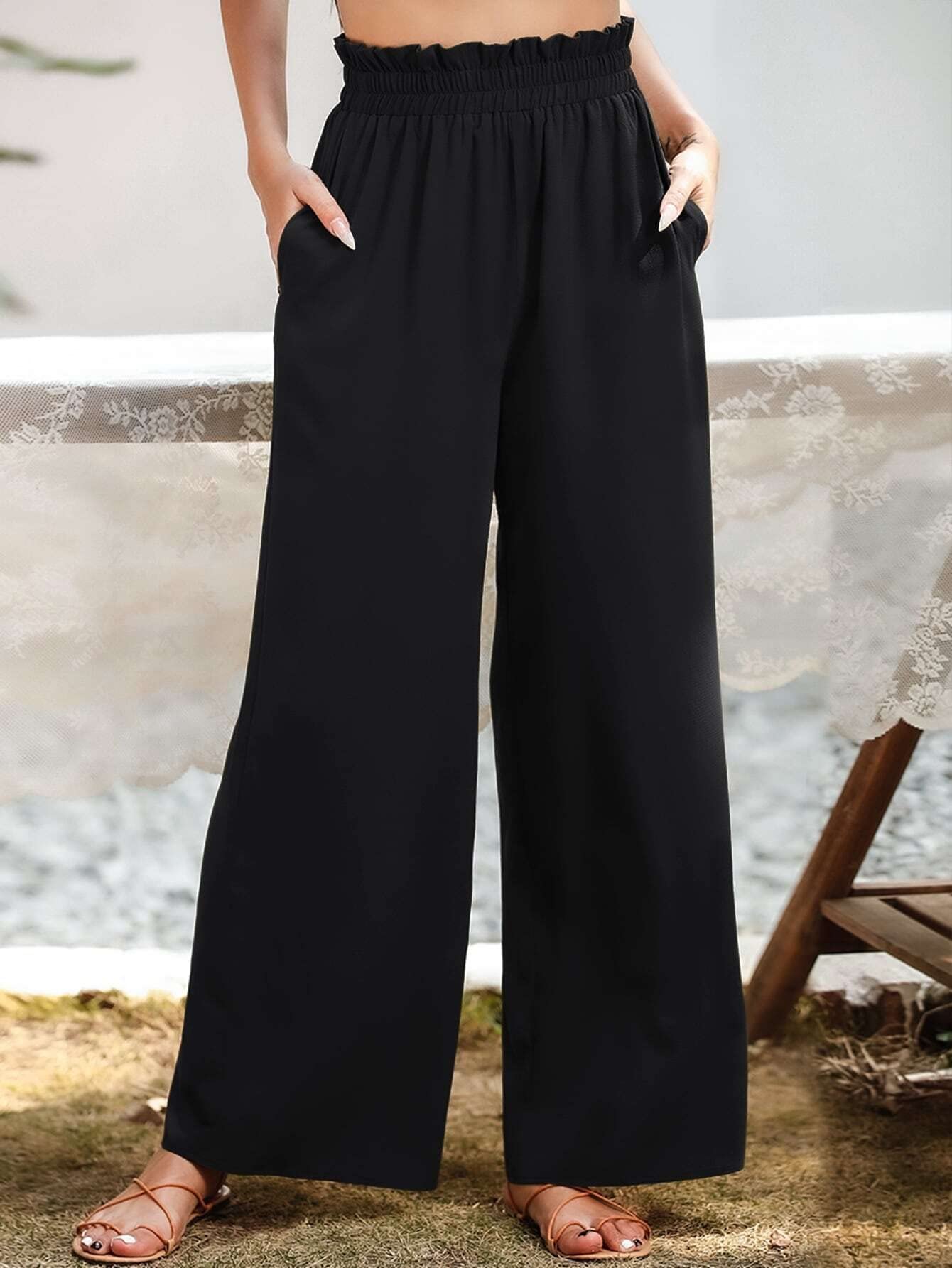 Womens Summer Casual Pants Slant Pocket Wide Leg Pants for Work Holiday