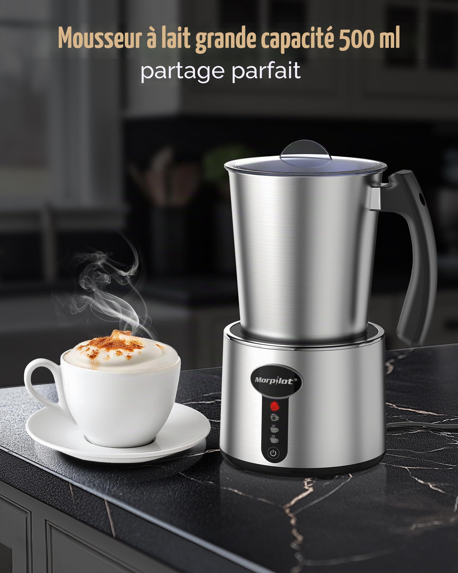 Morpilot Mousseur à Lait Électrique Divisé, 500ml Chauffe Lait, Milk Frother en Acier Inox 4 en 1 à Mousse de Lait Chaude et Froide 230ml, Emulsionneur de Lait pour Latte Cappuccino Macchiato