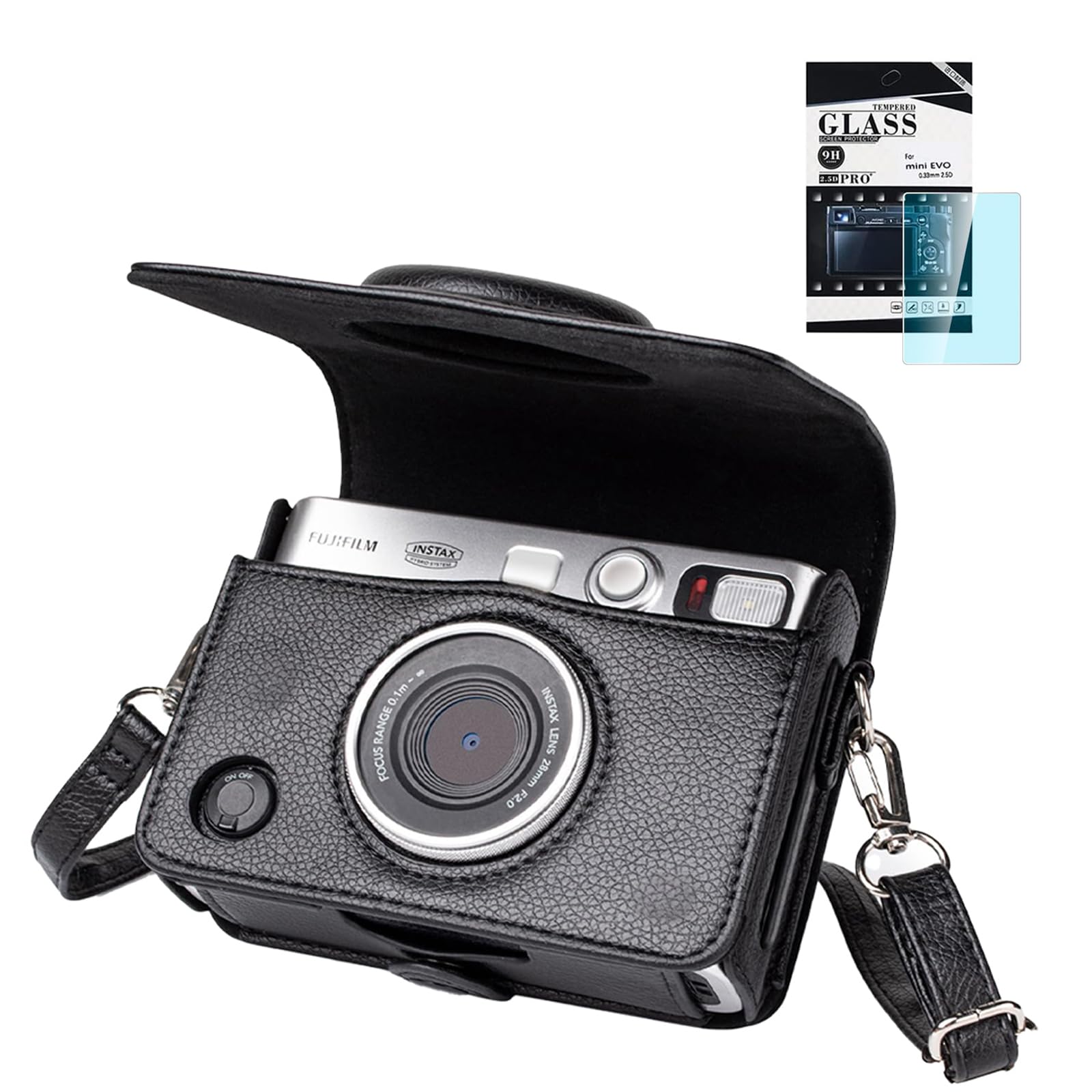 PFUTURE Mini EVO Case, Protective PU Leather Bag with Screen Protector for Fujifilm Mini EVO Instant Digital Hybrid Camera with Removable Shoulder Strap(Black)
