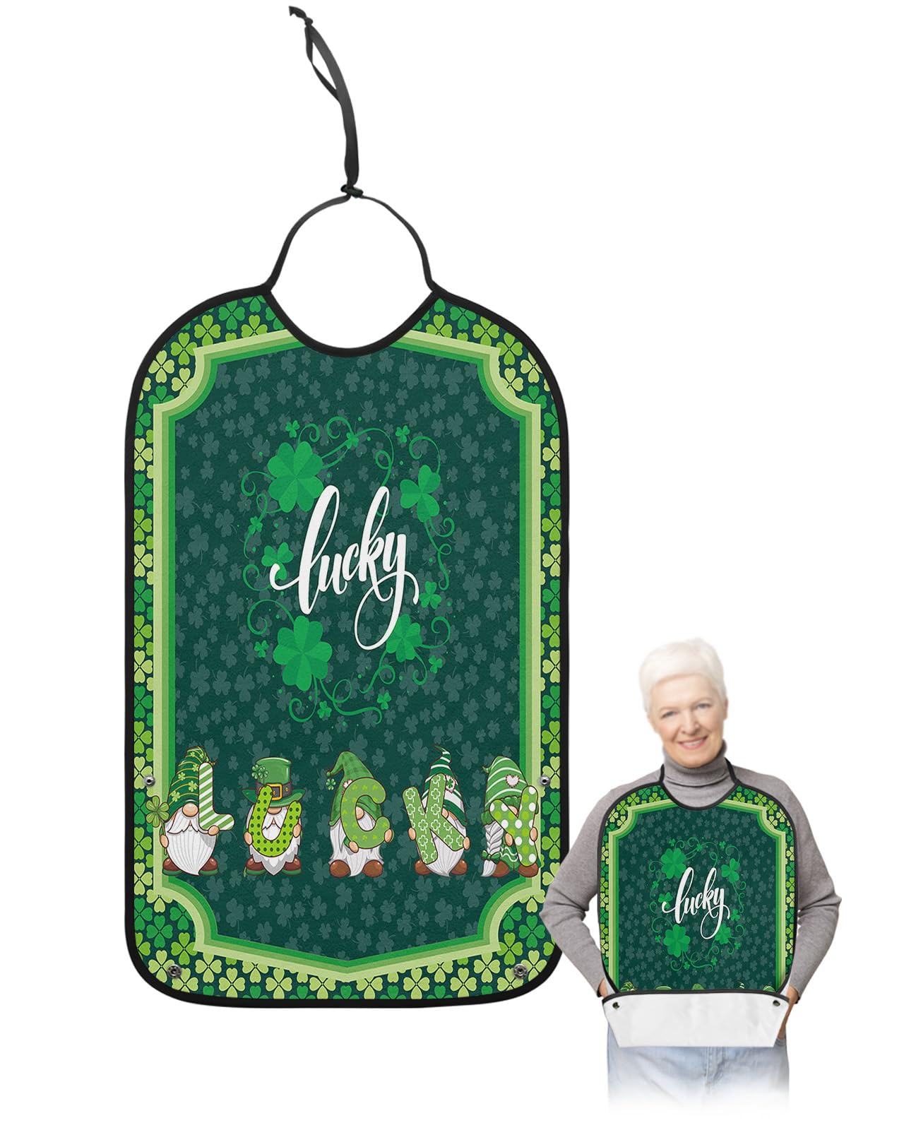 Chic Gnomes Adult Bib for Eating with Crumb Catcher,Washable & Waterproof Terry Cloth Adjustable Elderly Women Men Adult Bibs Funny Apron Clothing Protector St. Patrick's Day Lucky Irish Clover Green