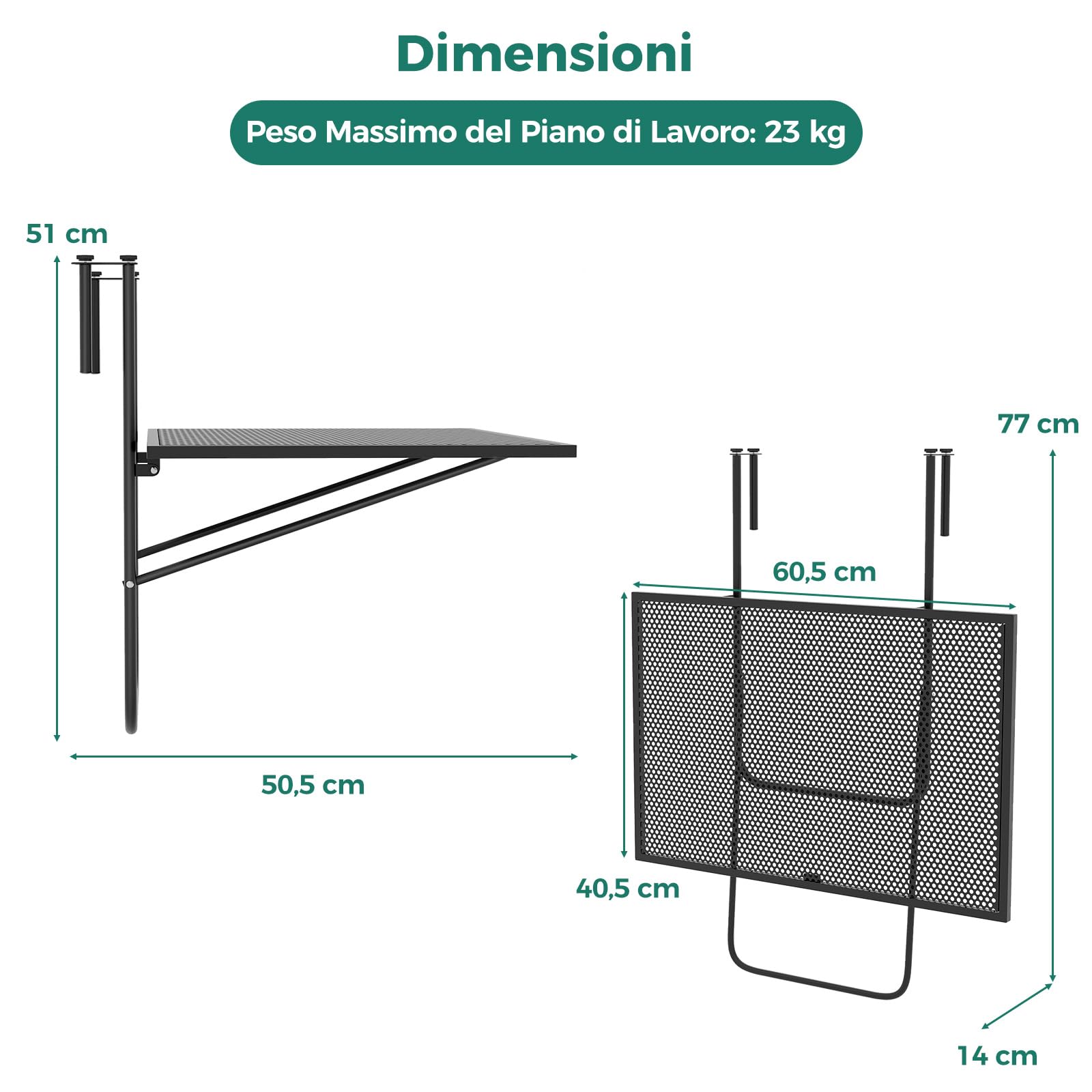 COSTWAY Tavolino da Balcone, Tavolino Sospeso Pieghevole con Struttura in Metallo, Tavolo Salvaspazio da Ringhiera per Patio e Terrazzo, Portata 23 kg, 60,5 x 50,5 x 51 cm