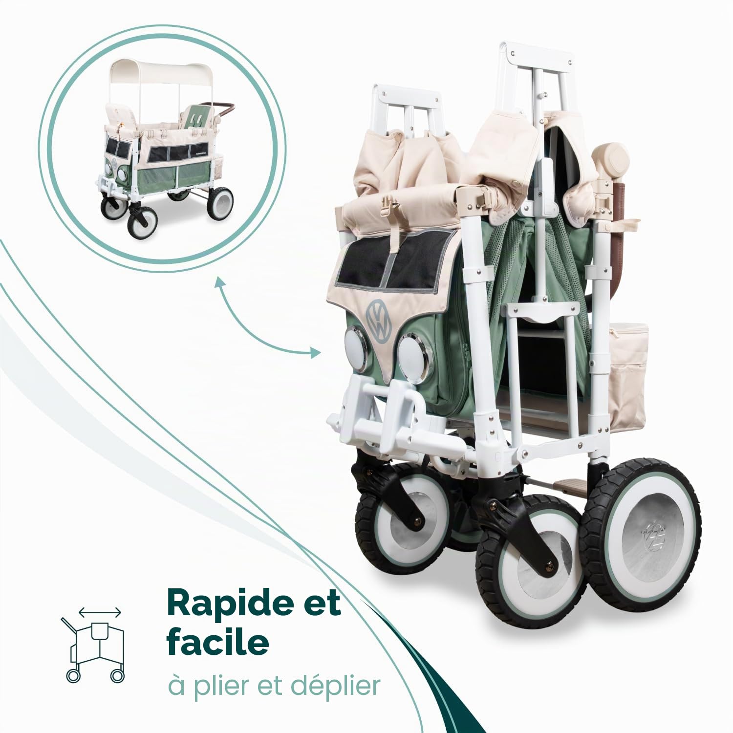 WonderFold VW 2 Volkswagen - Chariot pliable pour enfant (2 places) - Chariot de qualité supérieure pour enfants avec pare-chocs VW, phares fonctionnels et roues XL tout-terrain - Vert sauge