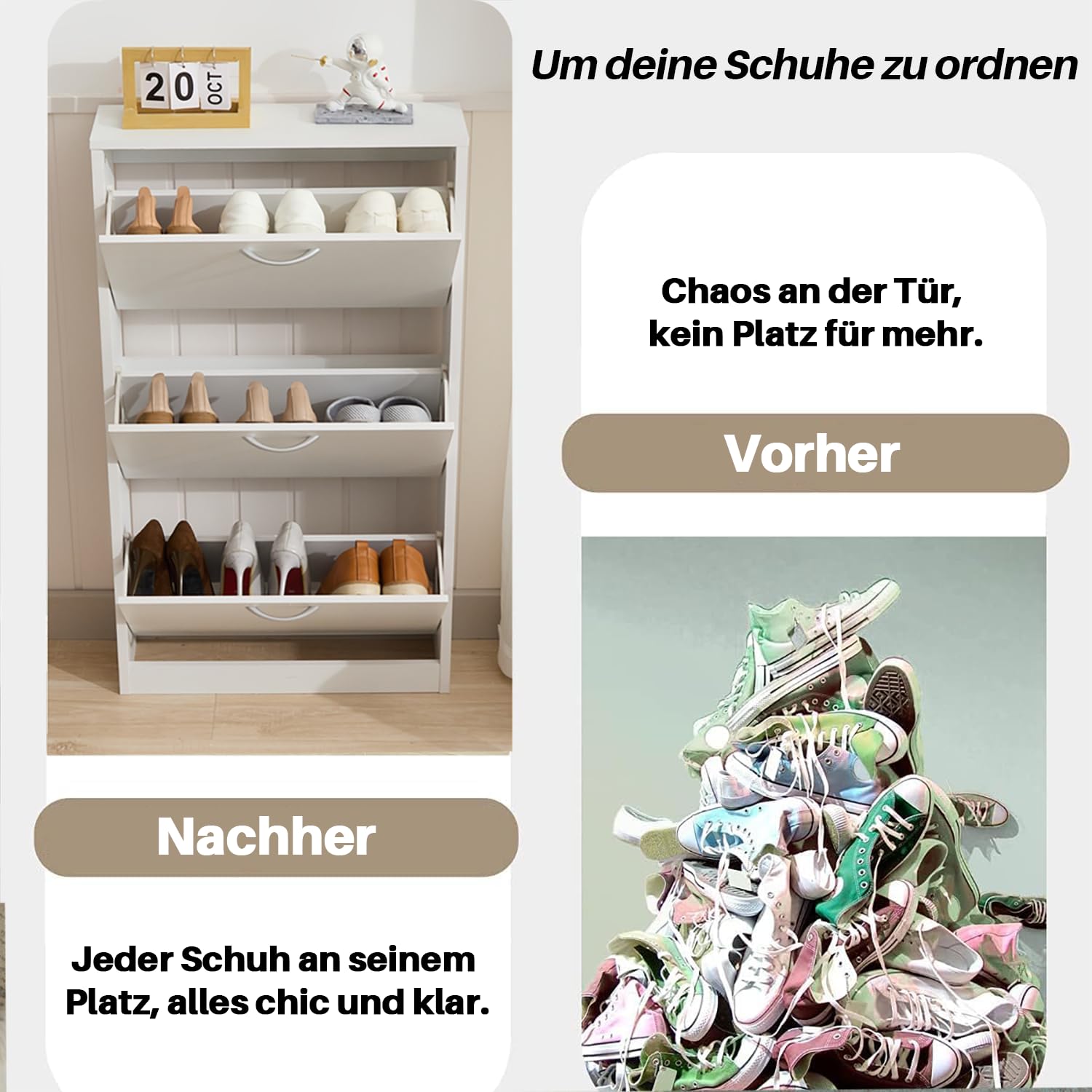 GRAVFORCE Schuhschrank Schmal mit 3 Klappen Schuhkipper 58Bx17Tx105H (Weiß) | Flip Down Schuhregal Holz Flurschrank platzsparend für Eingangsbereich, Wohnung, shoe cabinet ideal für schmale Flure