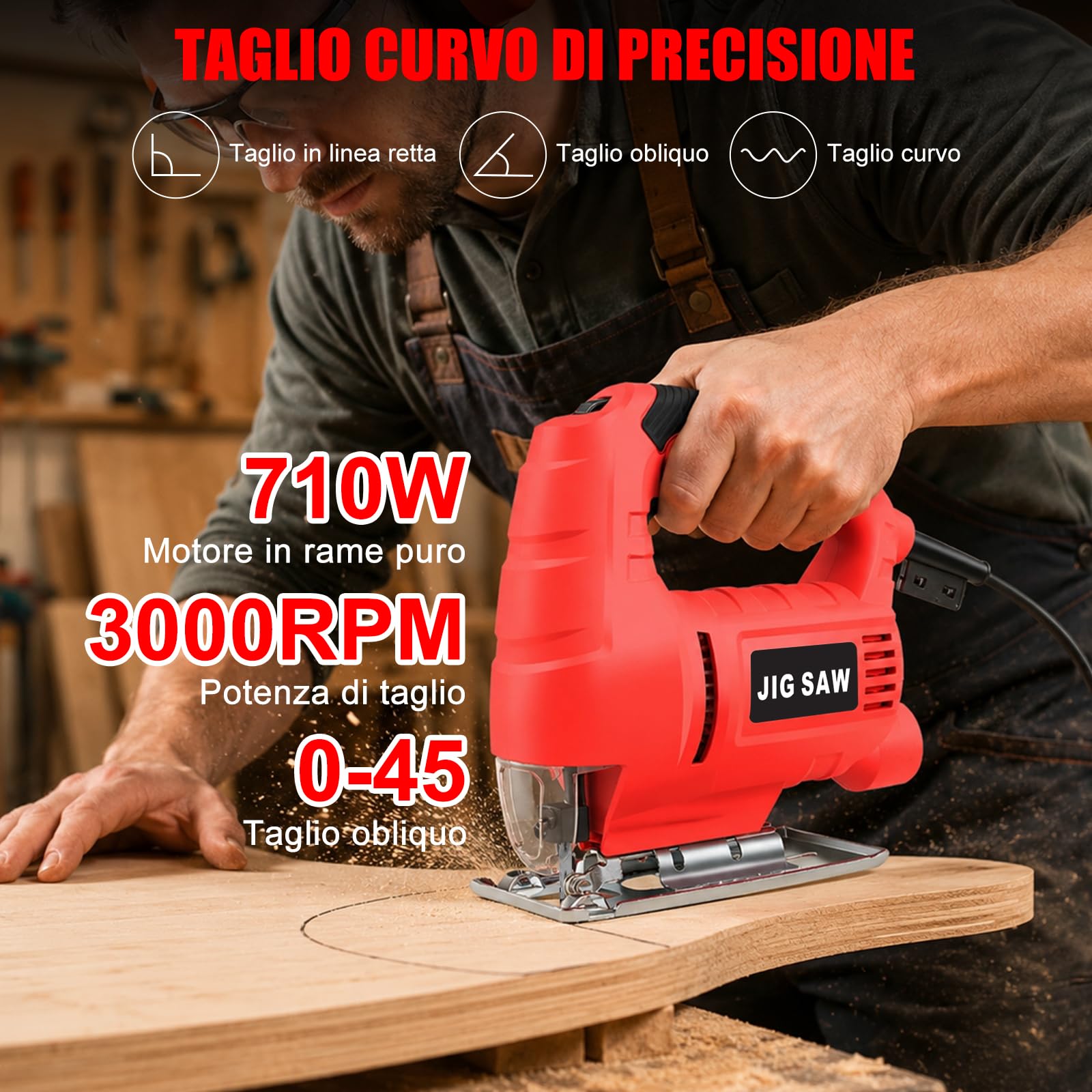 Seghetto alternativo elettrico, 710 W, 2800 SPM, 6 marce, regolabile, con taglio obliquo di ±45°, con righello di guida e 15 lame per legno, metallo e plastica