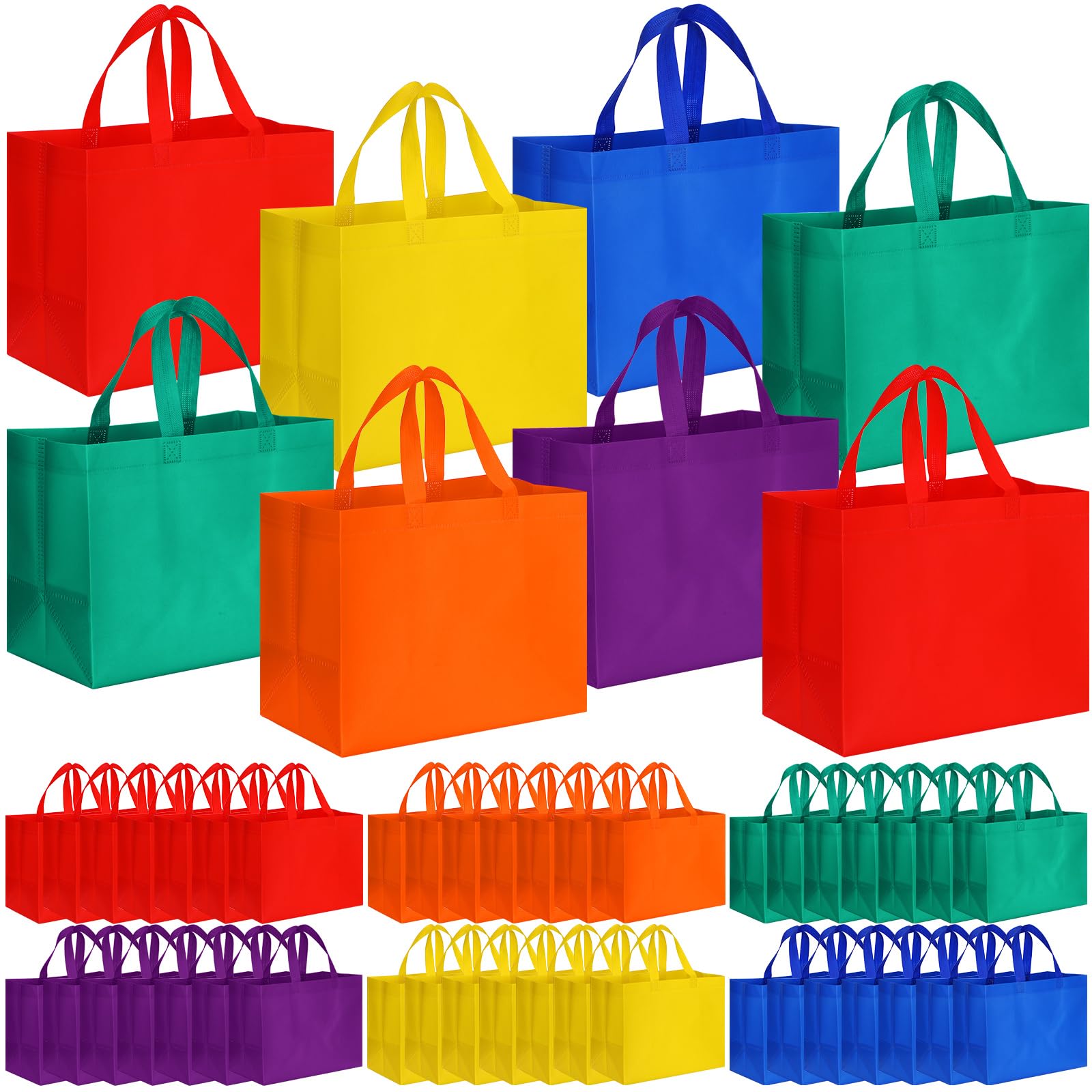 Sanwuta 48 Pcs Rainbow Gift Bags with Handles, Reusable Non Woven Totes, Bulk Goodie Bags for Back to School, Wedding, Birthday, Candy Party