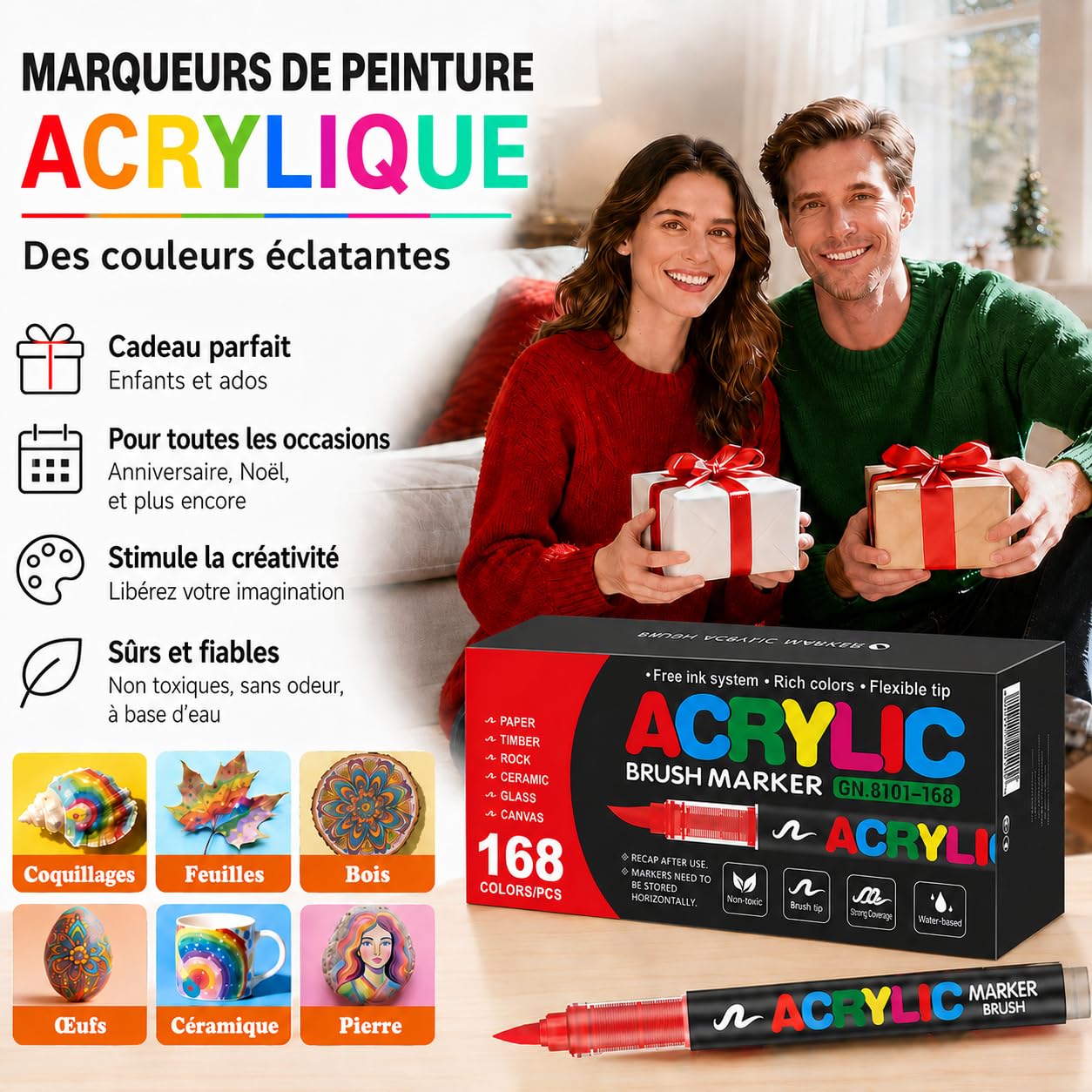 Melifluo Feutre Acrylique Lot de 168 Couleurs à Pointe Pinceau – Marqueur Peinture Acrylique Adulte, Encre à l'Eau Couvrante pour Pierre, Verre, Bois, Tissu, Toile – Coffret Cadeau Loisirs Créatifs