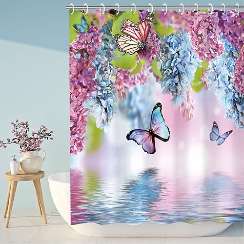 Miniatura 3 de LIVILIAN - Cortina de ducha de mariposa con ganchos, cortina de ducha floral en remolino, cortinas de ducha de mariposa para baño, lavable a