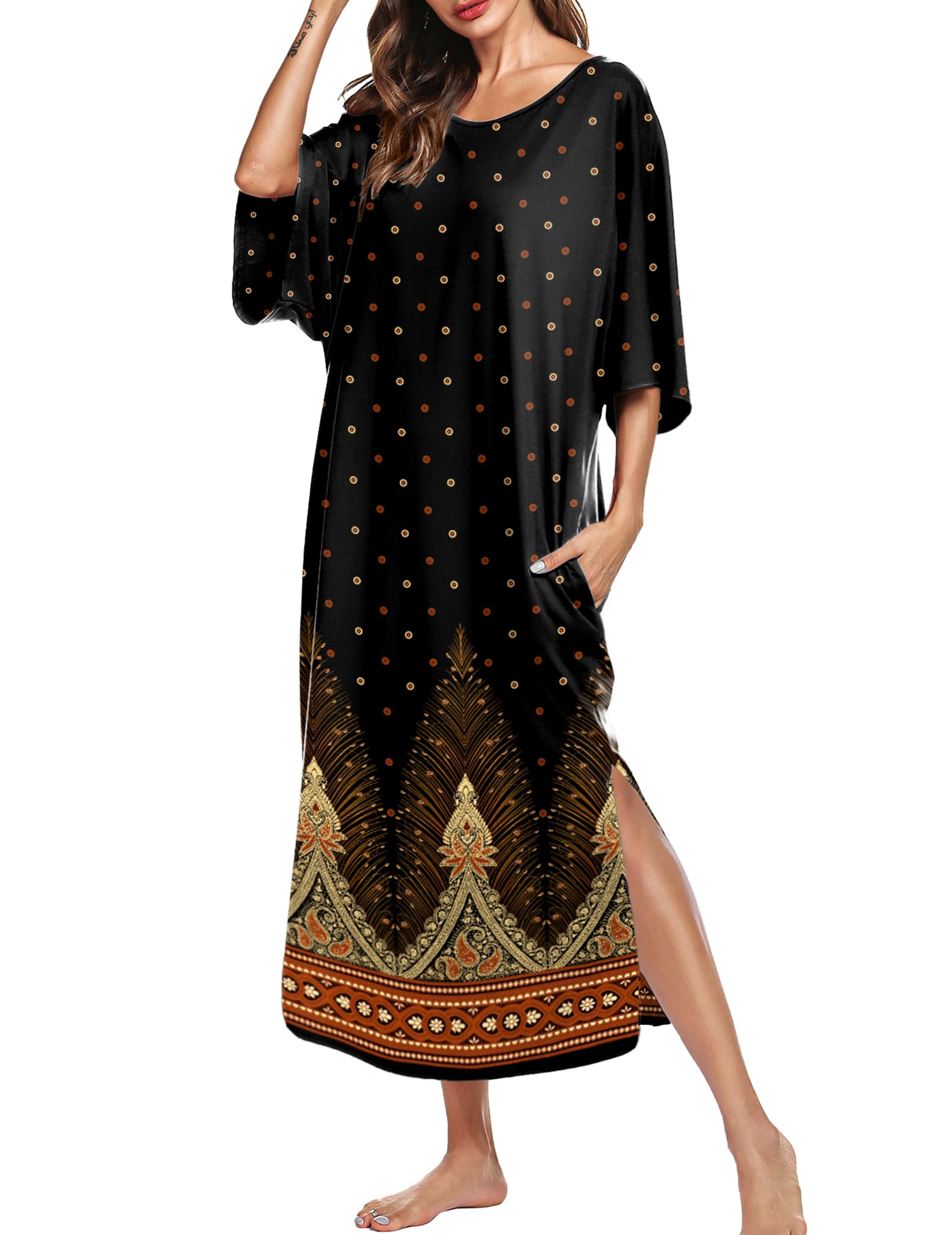 Ekouaer Long Nightgowns for Women Short Sleeve Night Gowns with Pockets | Casual Maxi Lounge Dress, Round Neck Sleep Dress, Plus Size House Dress, Side Split Sleepshirts for Lounging, Home, Party