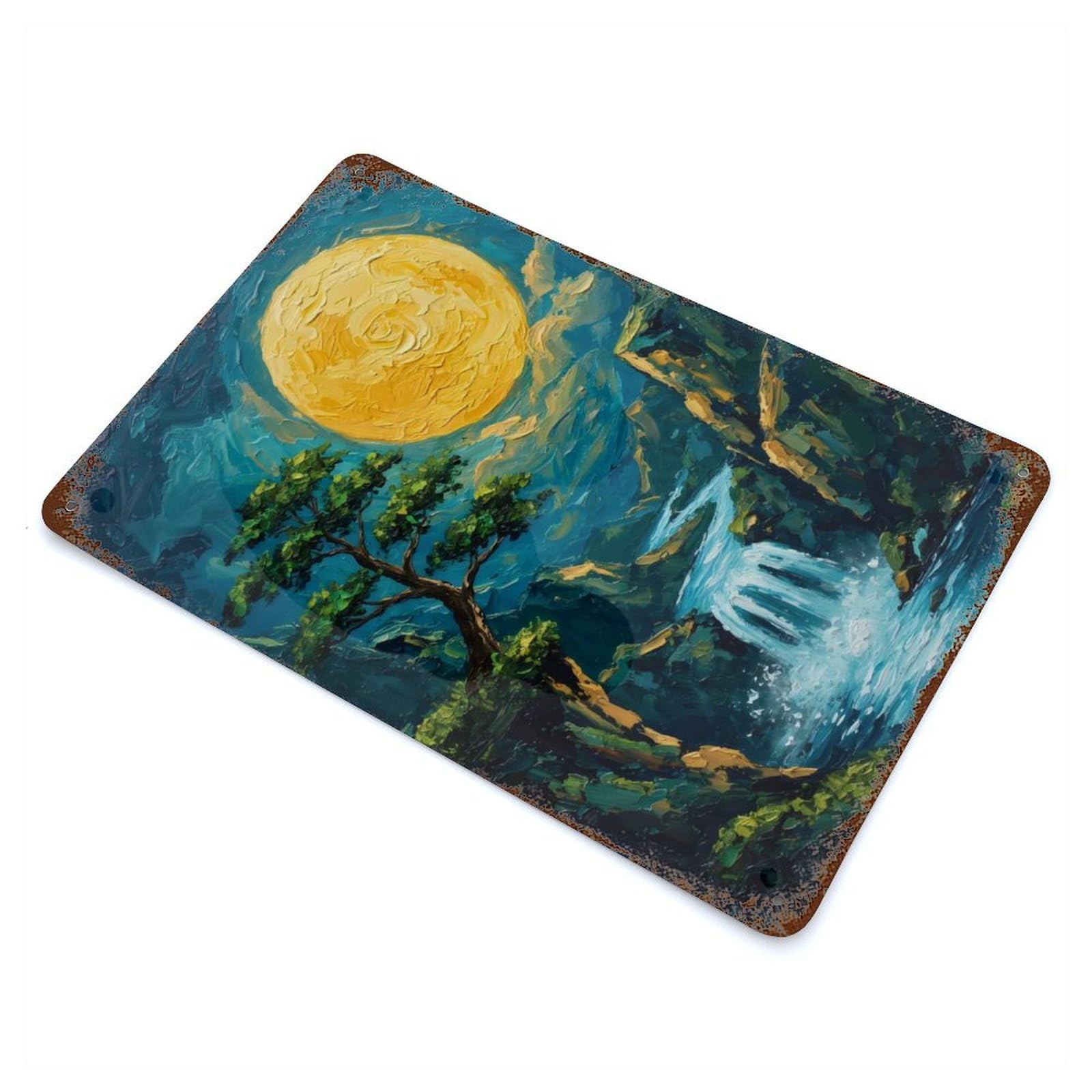 Vintage Rust Metal Sign Moonlit Waterfall Landscape Painting 11.8"x7.9", Novelty Wall Decor for Garage, Bar And Workshop Decor