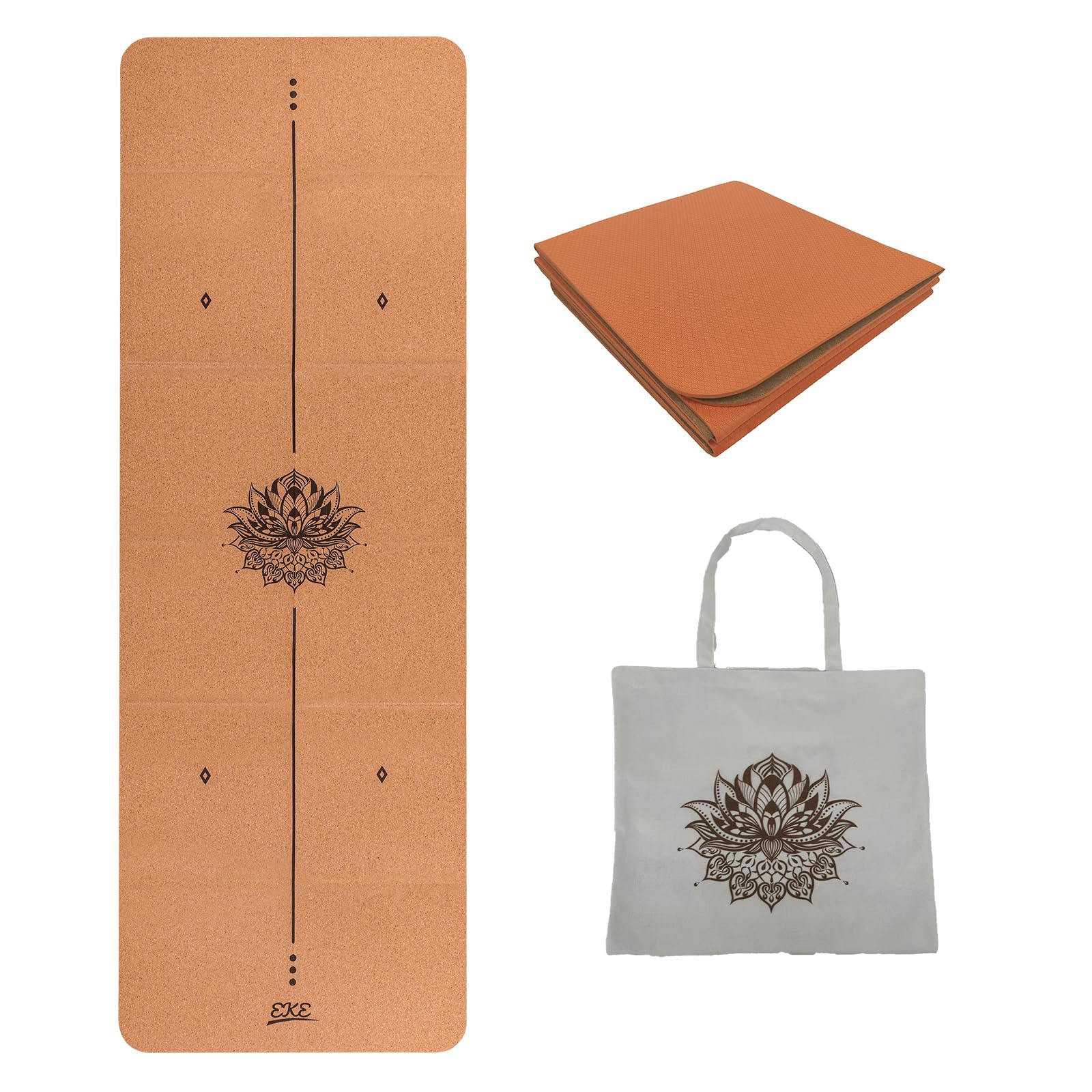 EKE 5mm thickness foldable cork non-slip yoga mat yoga gift for women and men sports training lightweight fitness folding travel gym mat with canvas tote bag…