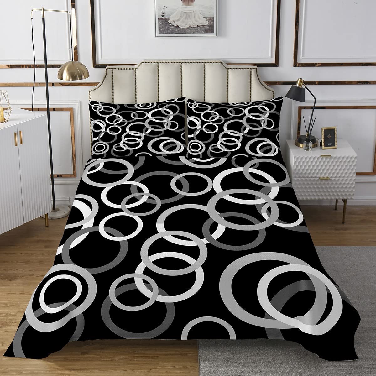 Homemissing Grigio Bianco Nero Cerchio Coverlet Set Circolo Grafico Trapuntato Copriletto per Bambini Ragazzi Ragazze Geometrico Morbido Durevole Trapuntato Copriletto