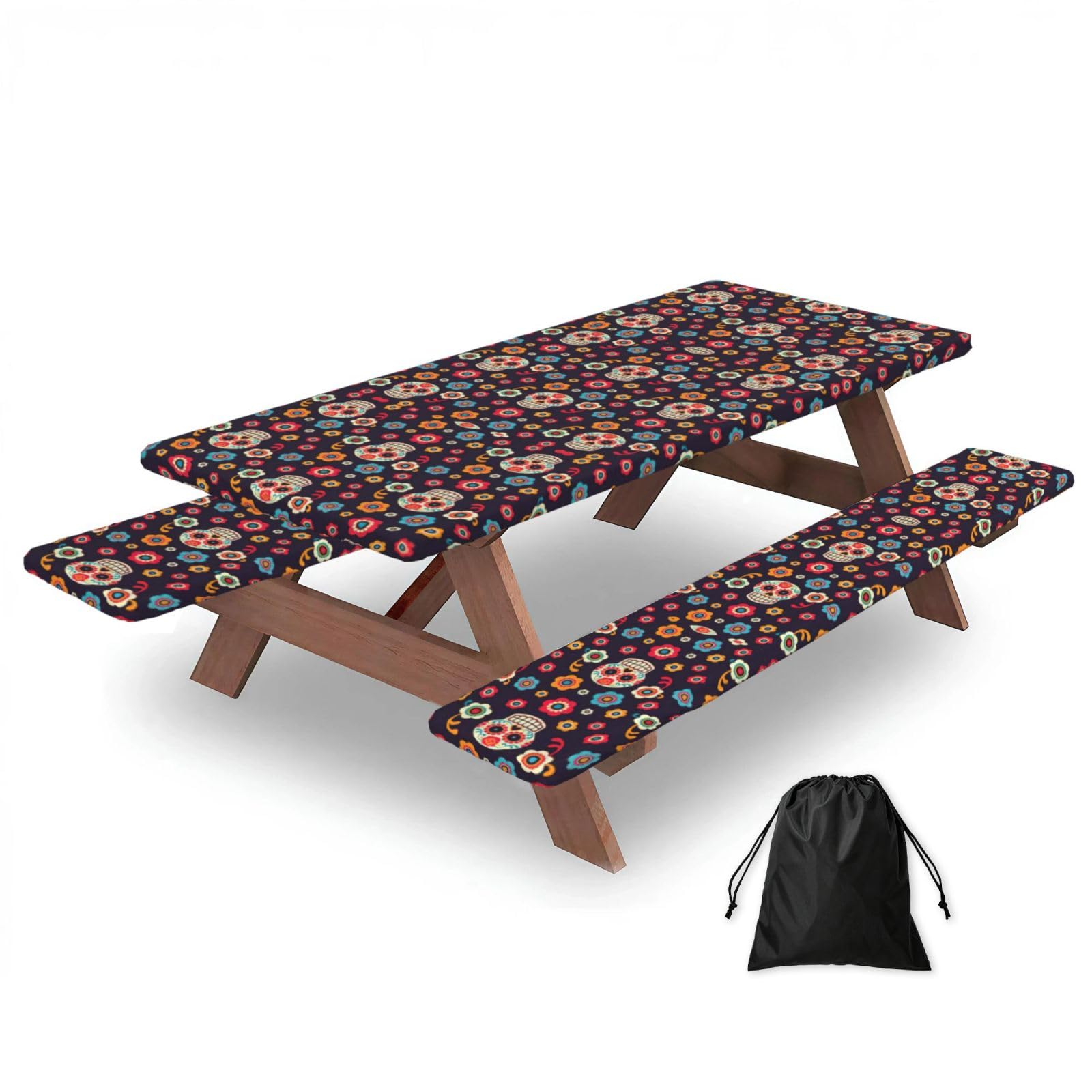 Duwaa Black Mexican Skull Print 183Cm Picnic Table Cover With Bench Covers, Waterproof Elastic Tablecloth Set For Outdoor