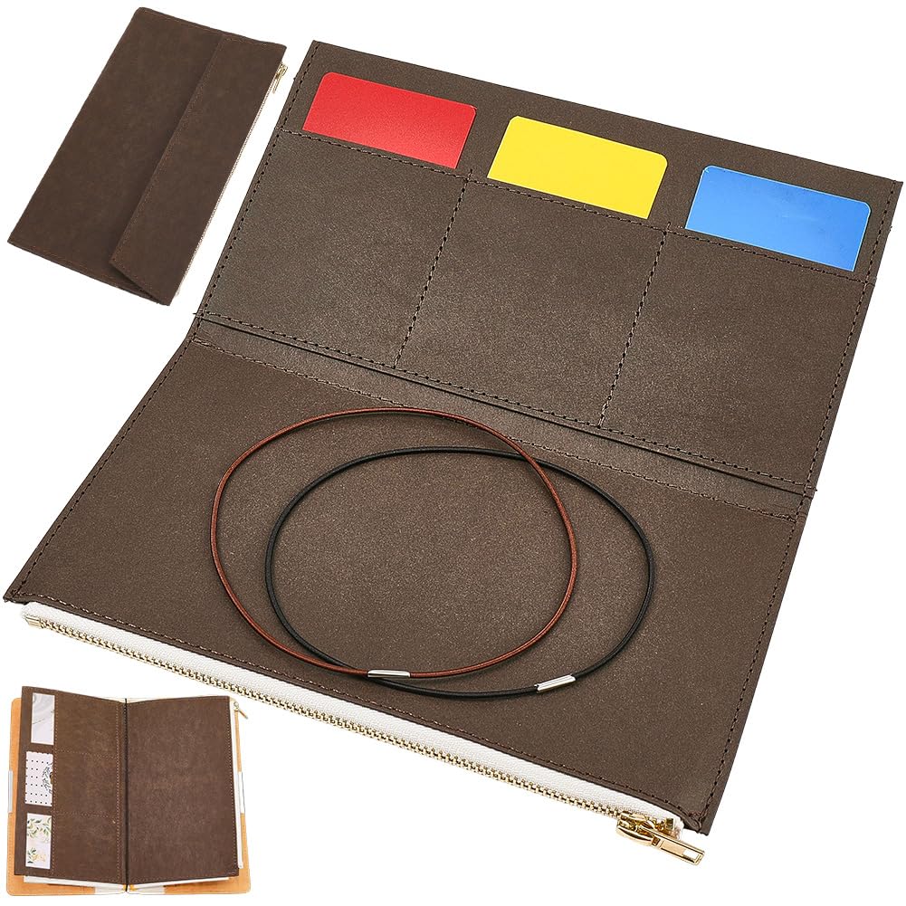 CRASPIRE Travelers Notebook Zipper Pocket 8x4.7In Insert Pouch Refill File Folder with 2Pcs Elastic Bands Brown Planner Wallet Card TN Accessories Passport Holder Paper for Invoice Storage Bag Journal