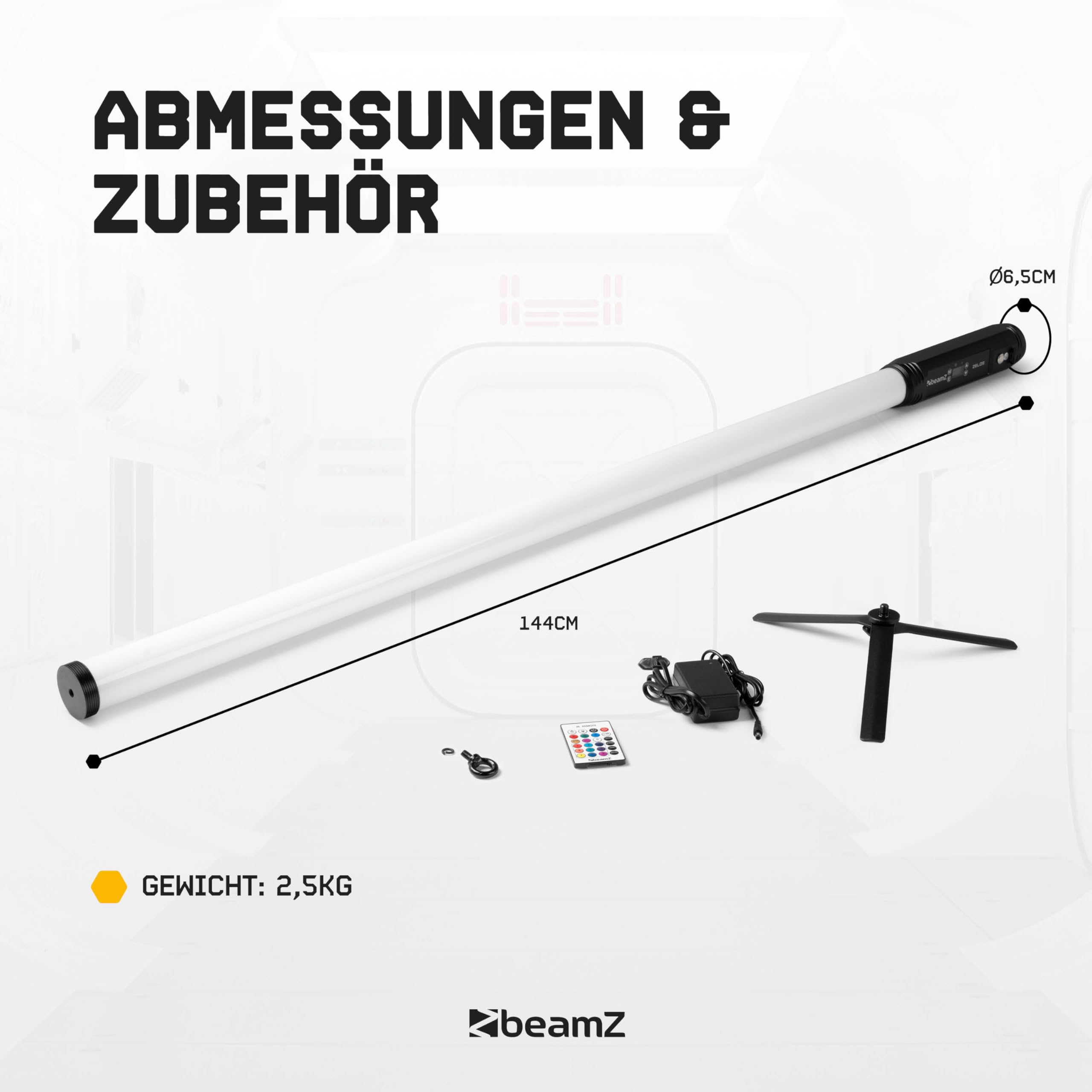 BeamZ Zelos - Akku LED Bar, Tube mit 360° RGBW, IP65 Wetterfest, 12h Akkukapazität, Bühnenlicht, Wireless DMX – Lichtorgel Musikgesteuert – LED Stehlampe für DJ Lichteffekte Partybeleuchtung