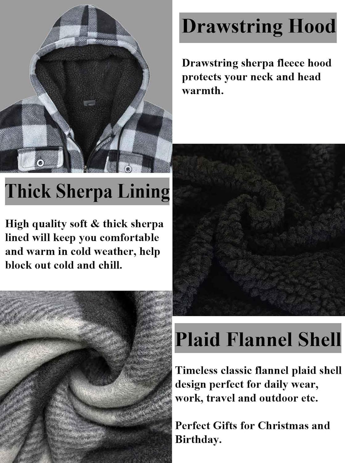 Heavyweight Hoodies for Men Zip Up Sweatshirts Plaid Flannel Sherpa Fleece Lined Winter Jacket Warm Coat - Image 3