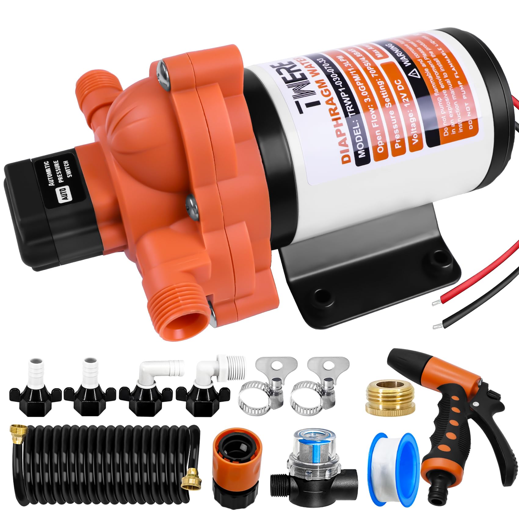 3.0 GPM 70 PSI Washdown Deck Wash Pump Kit, 12V Washdown Pump Kit with Strainer and Pressure Switch for RV,Boat,Sprayer,Travel Trailers,and Yacht,Orange-White