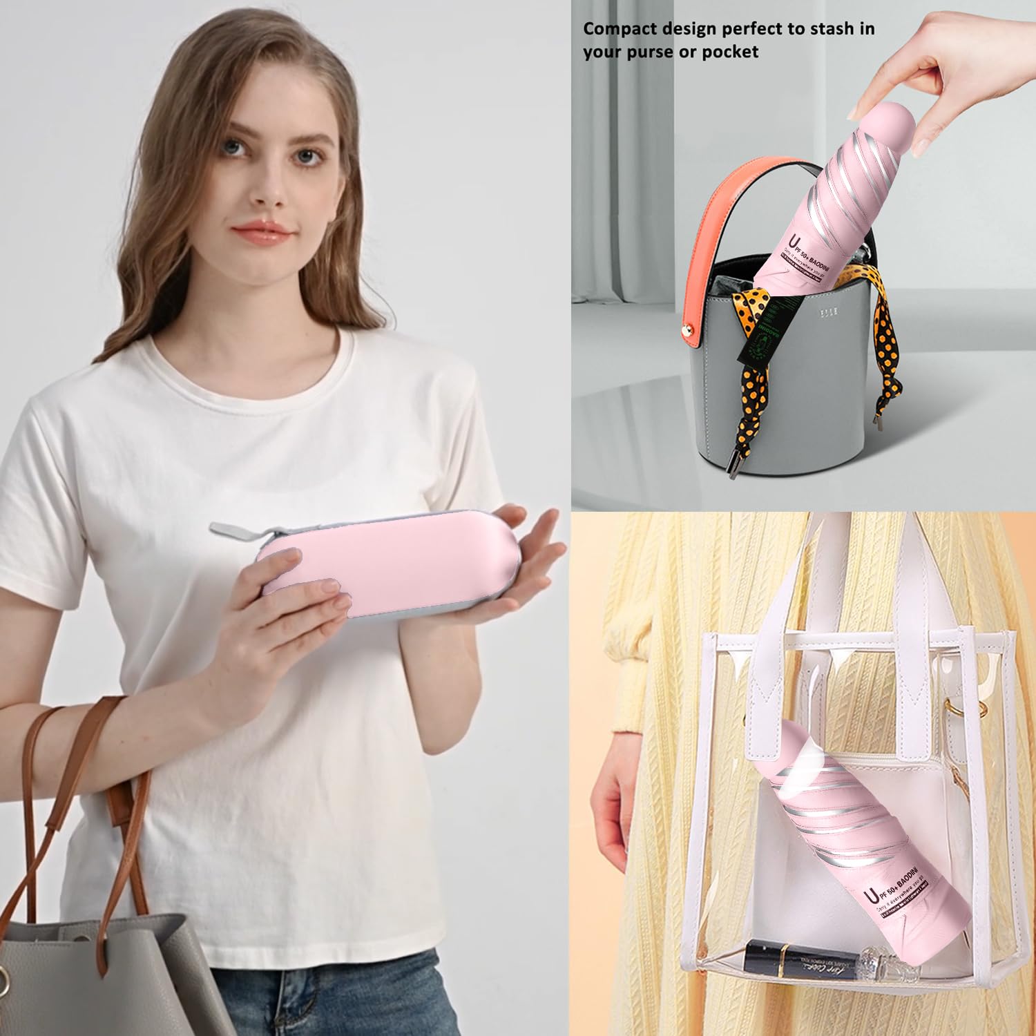 BAODINI Travel Essentials Mini ombrello per borsa con custodia, piccolo compatto protezione solare UV, leggero, piccola tasca, apertura manuale, ombrello per donne, bambini e uomini, adatto per zaino