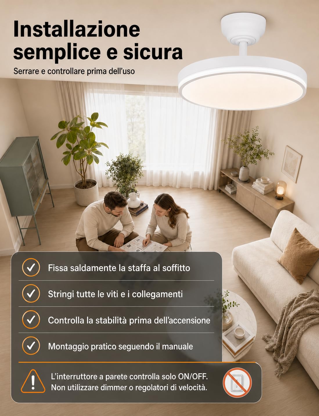 MARSI Ventilatore da Soffitto con Luce 106 cm e Pale Retrattili | Dimmerabile Lampada Ventilatore da Soffitto con Telecomando per Camera da Letto, Soggiorno e Cucina 6 Velocità