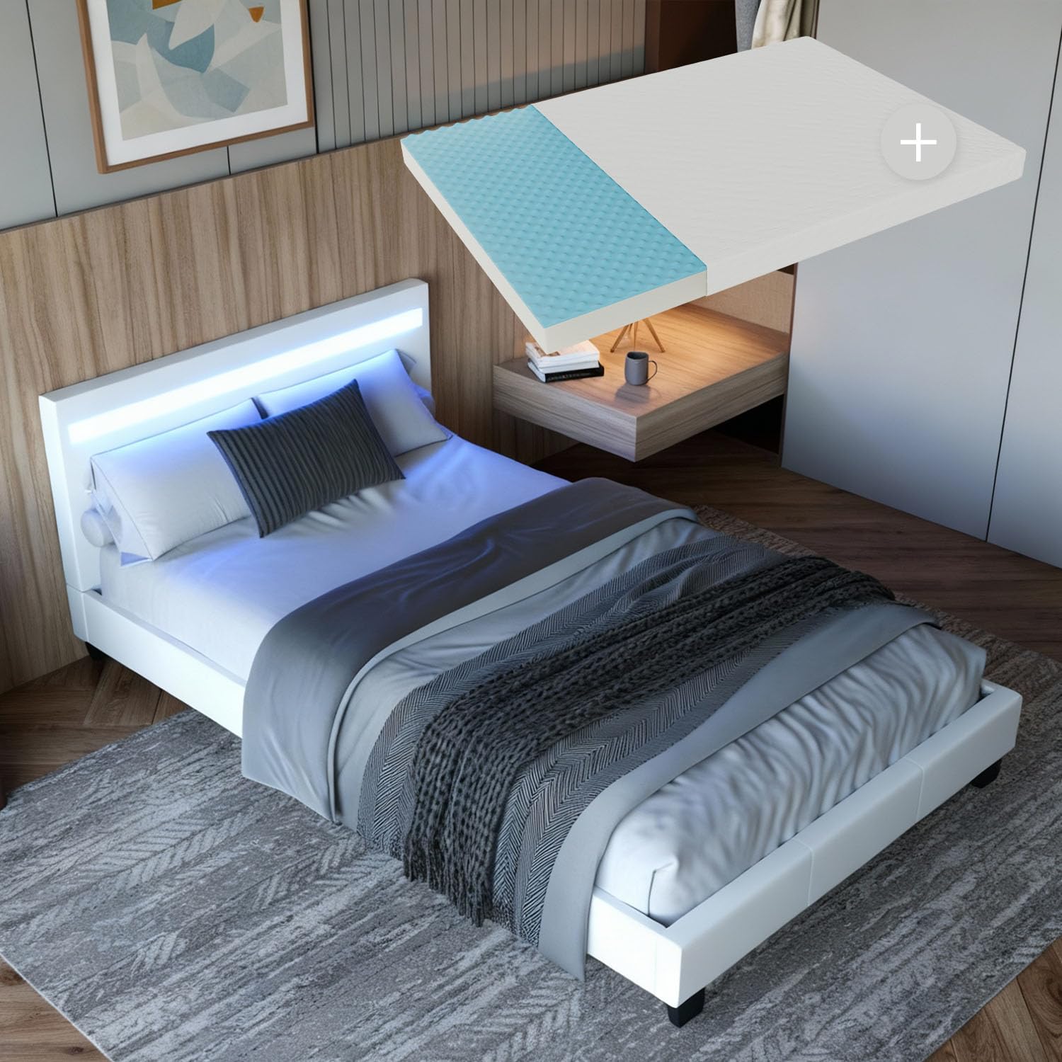 Juskys Polsterbett Verona 120x200 cm – inkl. Matratze, Lattenrost und LED-Beleuchtung