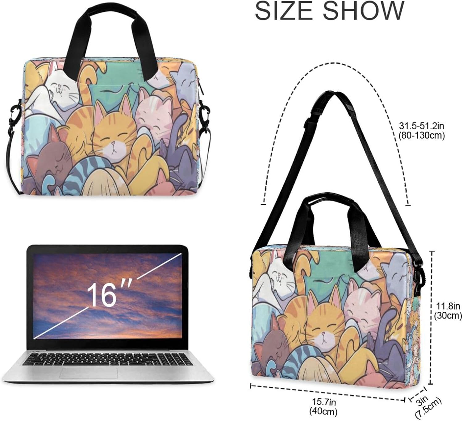 Laptop Bag for Women - Fits 16 inch with Laptop Compartment Carrying Messenger Sleeve with Strap Professional Fashion Travel Purse for Business Office Bag Girl and Cat