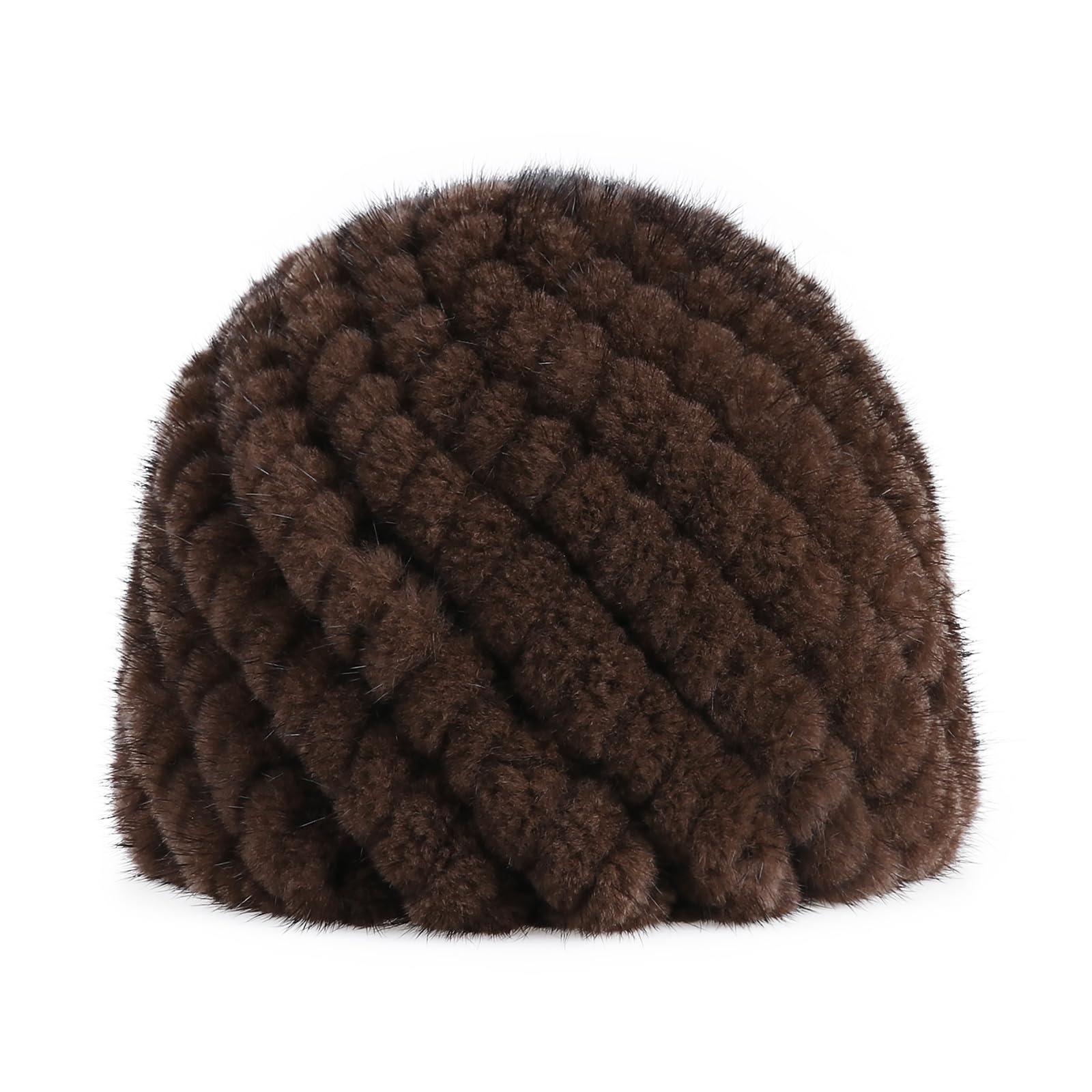 BOONJOVIA Women's Winter Beanie Hat 100% Mink Fur Textile Knitted Hats (US, Alpha, One Size, Brown)