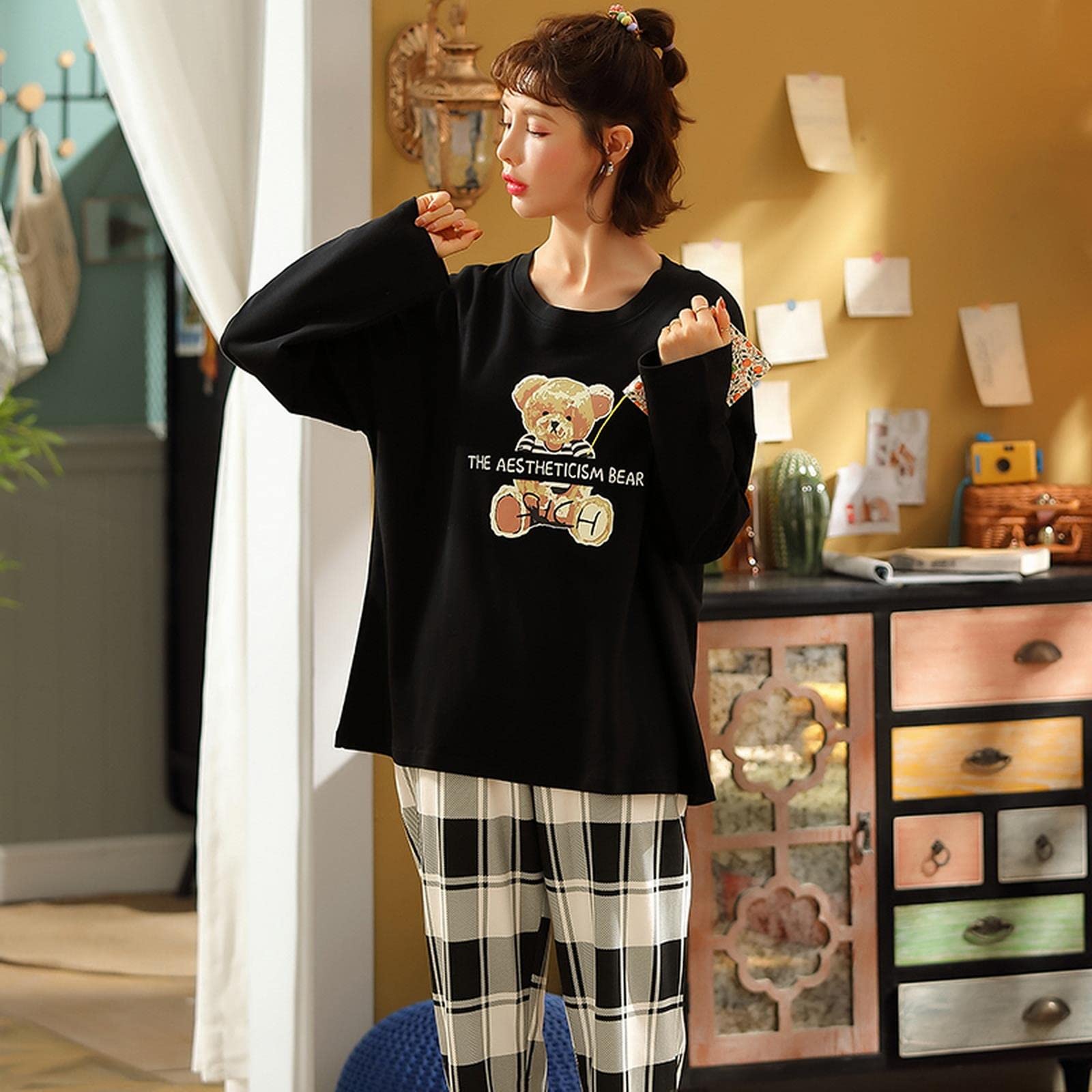 MOGSA Pijama para mujer, conjunto de pijama suave, ropa de dormir para otoño, invierno, manga larga, estampado de dibujos animados, ropa de dormir para mujer