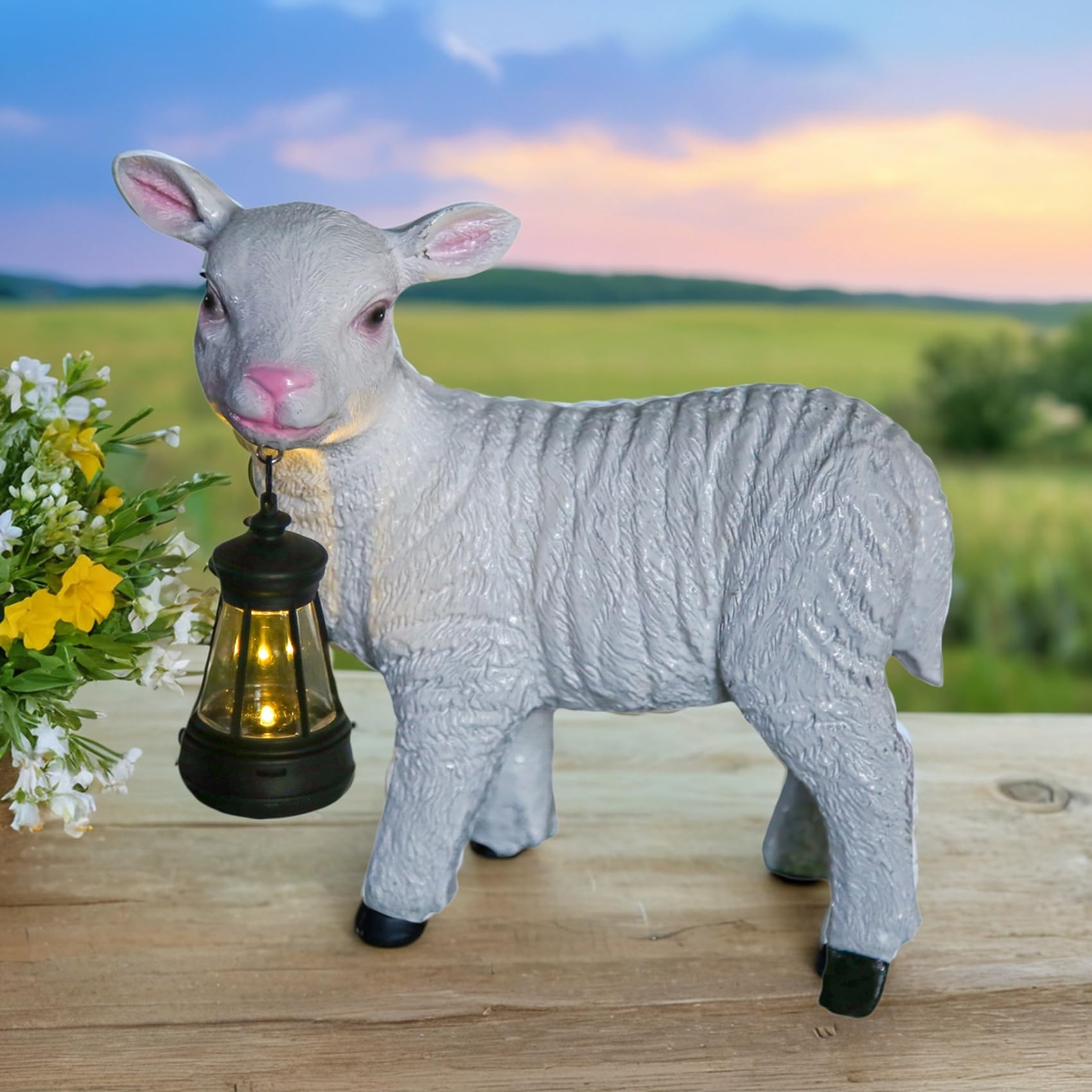 Statue d'agneau de jardin solaire en résine blanche pour déco extérieure