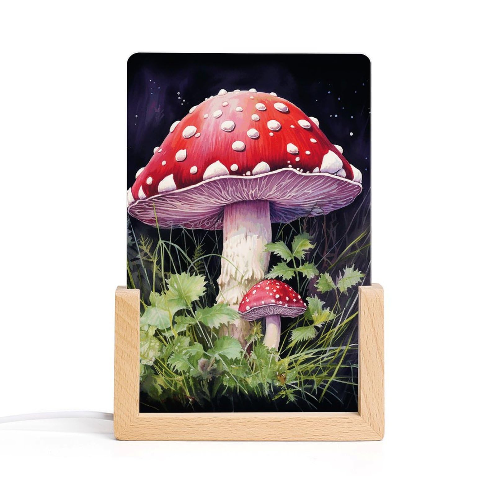 JTREHY Acrylic Night Light,Mushrooms in The Grass Printed Wooden Base LED Night Light Modern Home Decoration Light with USB Switch Cable for Bar Cafe Bedroom Room Decoration