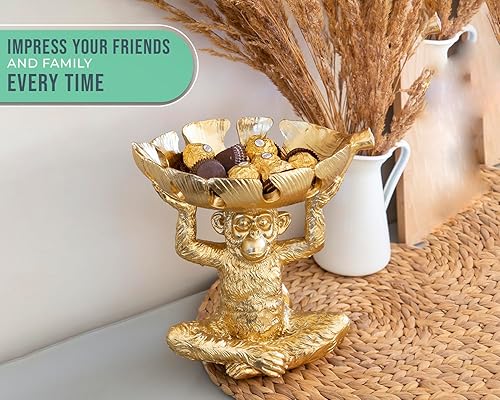 Miniatura 3 de Adorable bandeja de dulces "Monkey" hecha de resina, escultura de mono con plato de hojas divididas para aperitivos, nueces, dulces y más, soporte