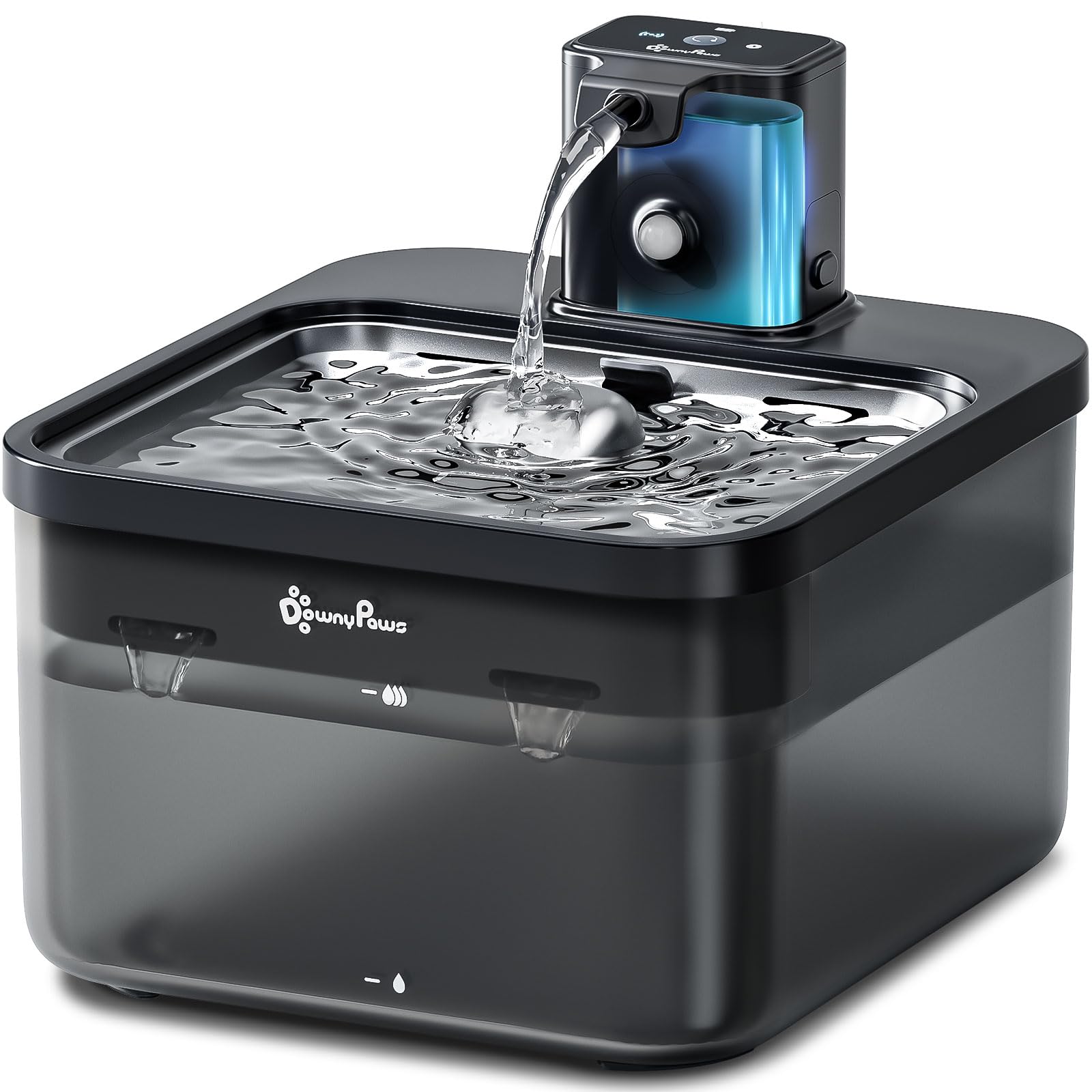 DownyPaws Wireless Cat Water Fountain, 84oz/2.5L Battery Operated Cat Drinking Fountain Indoor, Cordless Pet Water Dispenser Stainless Steel, Easy Clean, Black
