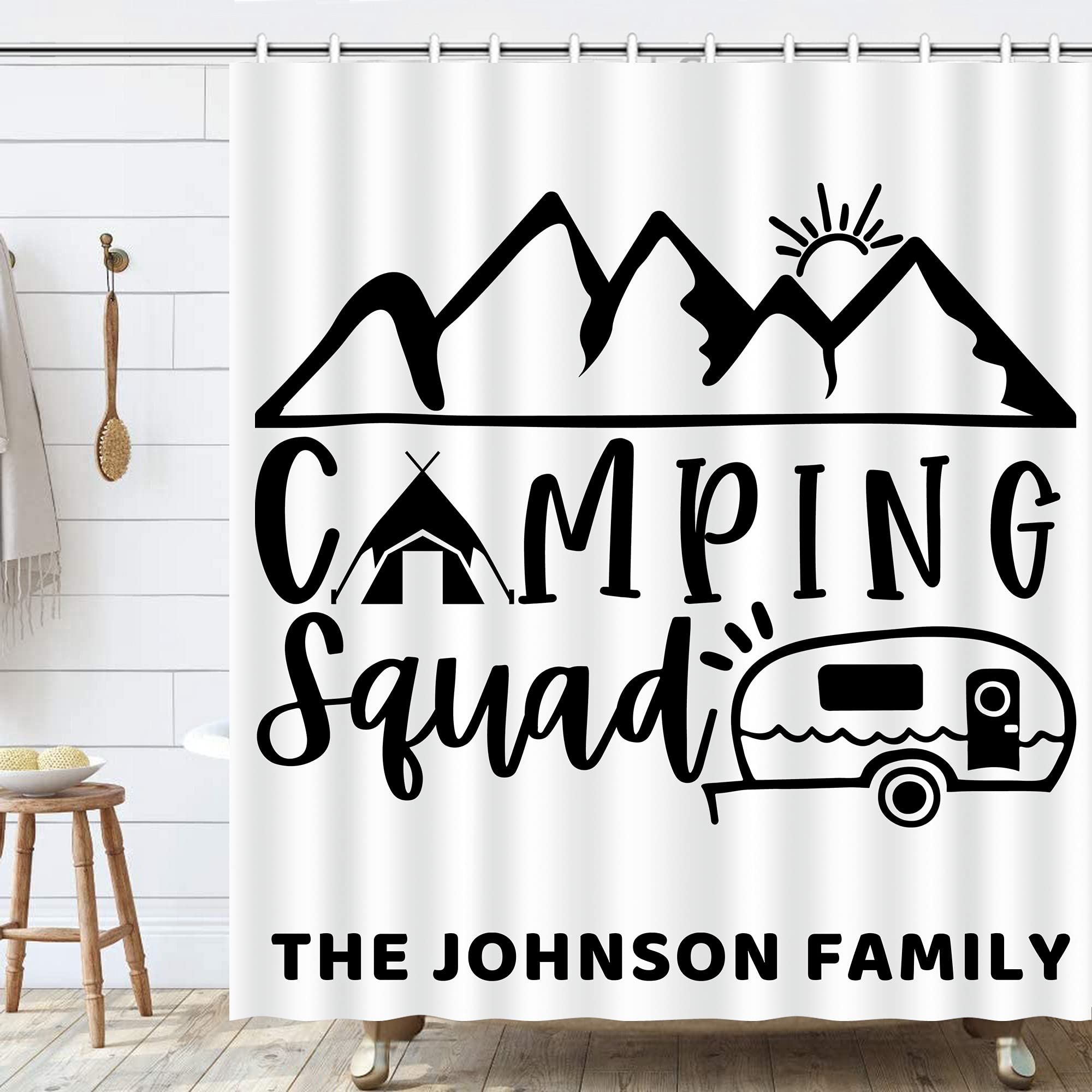 D-Story Custom Camping Shower Curtain with Family Name Change, Camping Squad Shower Curtain Gift for RV Camper Trailer,RV Bathroom Accessories Decor Housewarming Gift for Family Friend