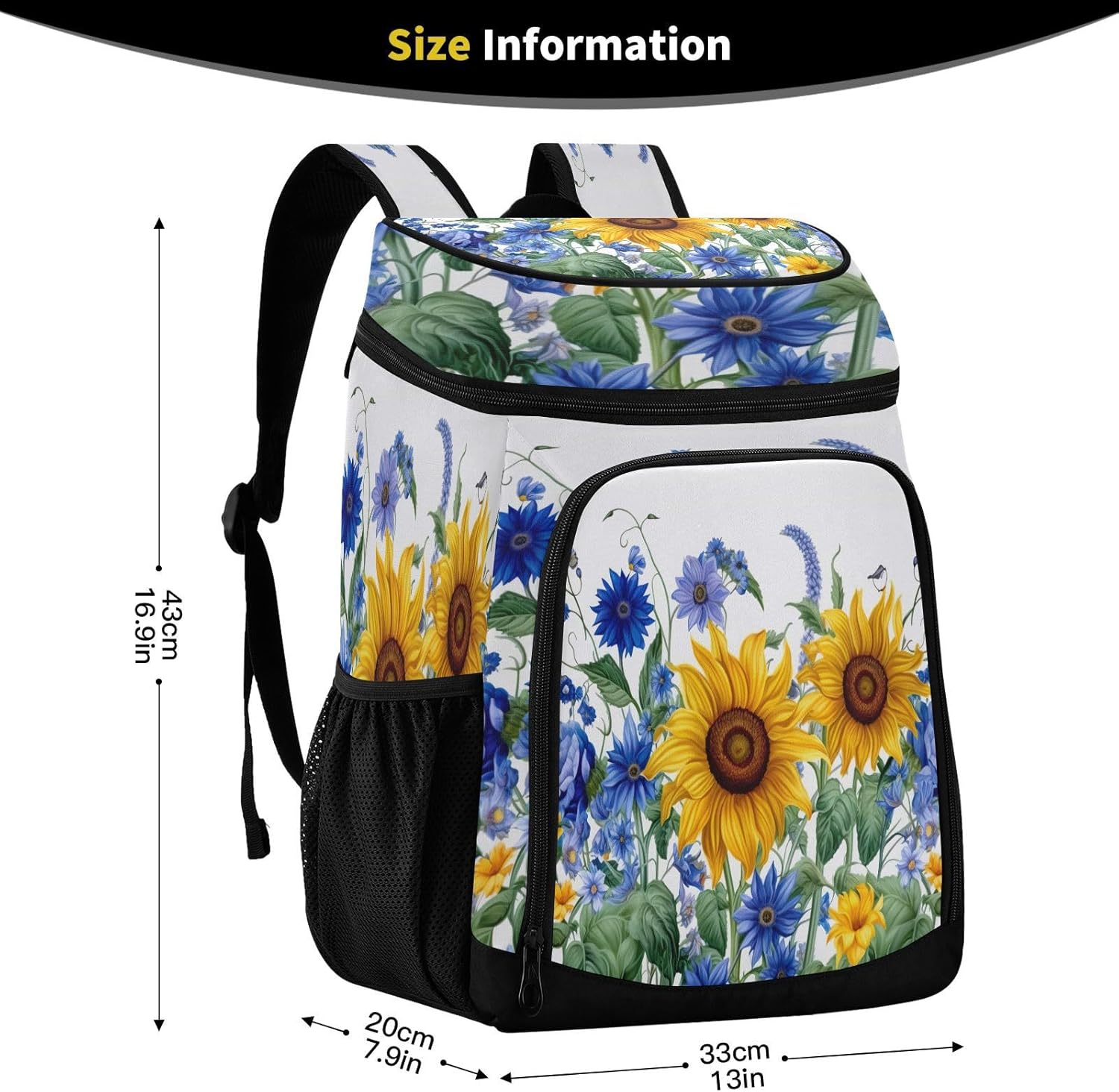Sunflowers and Bluebells Cooler Backpack 36 Cans Leakproof Waterproof Backpack Cooler Bag Beach Accessories Travel Camping Fishing Backpack for Women Men