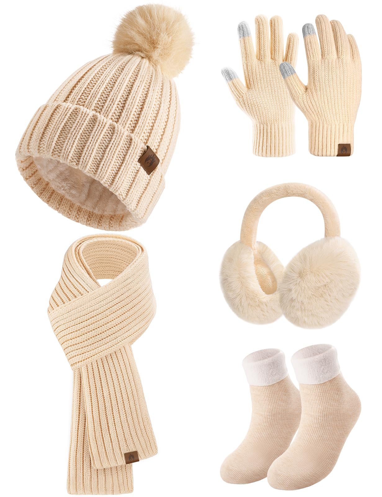 heekpek Mütze Schal Handschuhe Ohrenschützer und Socken Set Damen 5 Stücke Warme Wintermütze Winterschal Strick Winterzubehör Winterset 5 in 1
