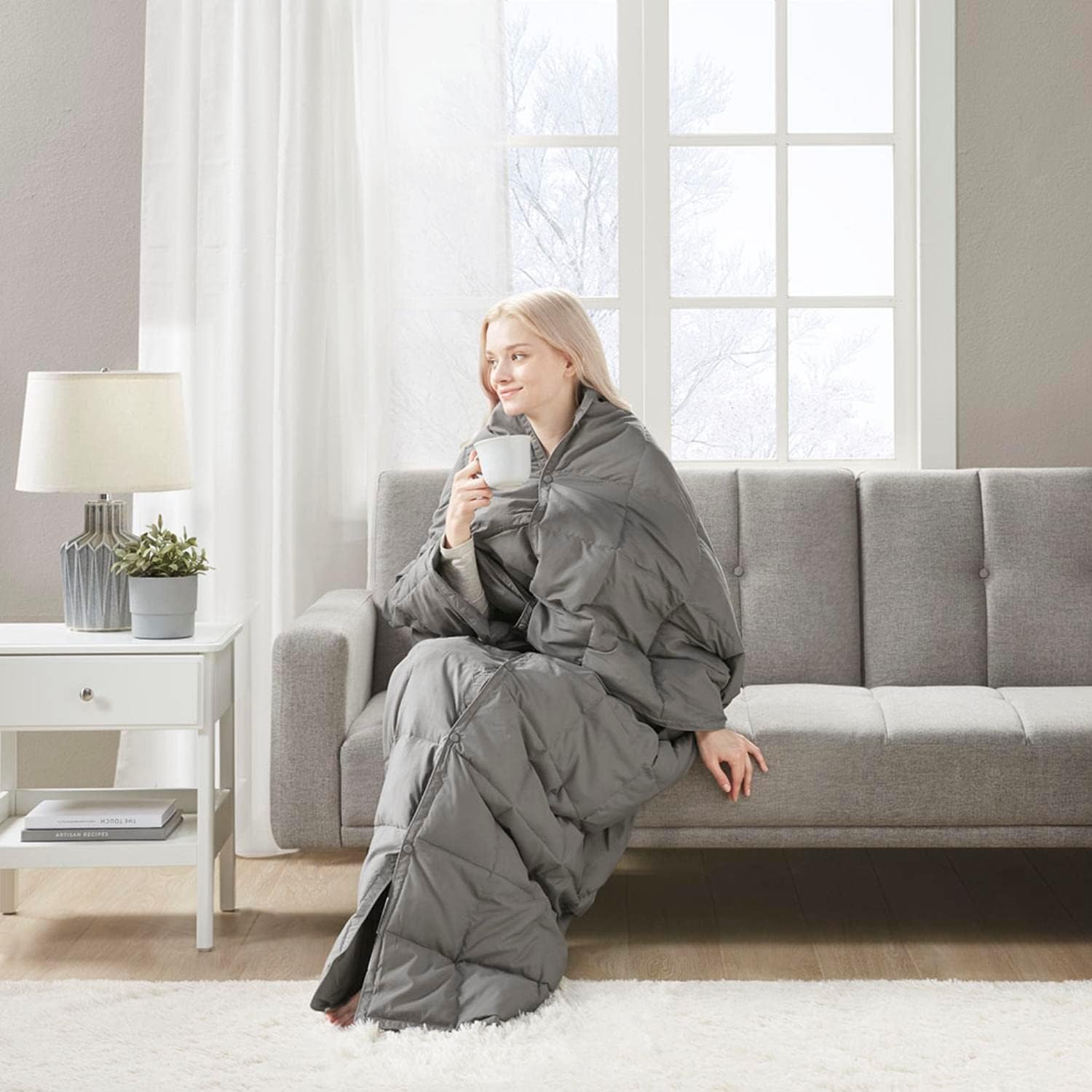 True North by Sleep Philosophy Wearable Blanket, Oversized, Goose & Down Throw with Buttons, Classic Box Quilting, Heavy Filled for Camping, Travel, Outdoors Friendly Carrying Bag, 62x68, Grey