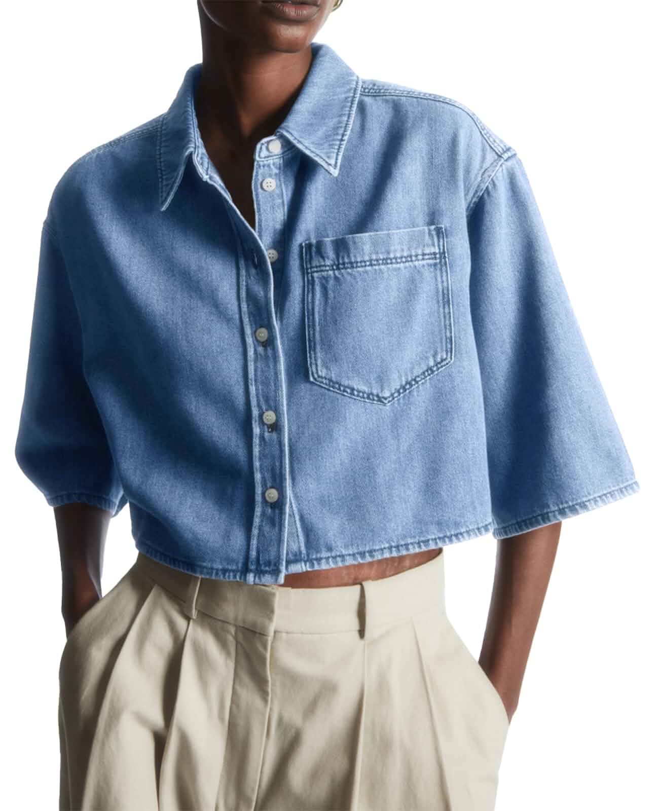 Tankaneo Womens Denim Top Shirt Half Sleeve Button Down Cropped Jean Jacket Casual Jean Shirt, with Pocket, Summer Short Sleeve, Loose Fit, Oversized