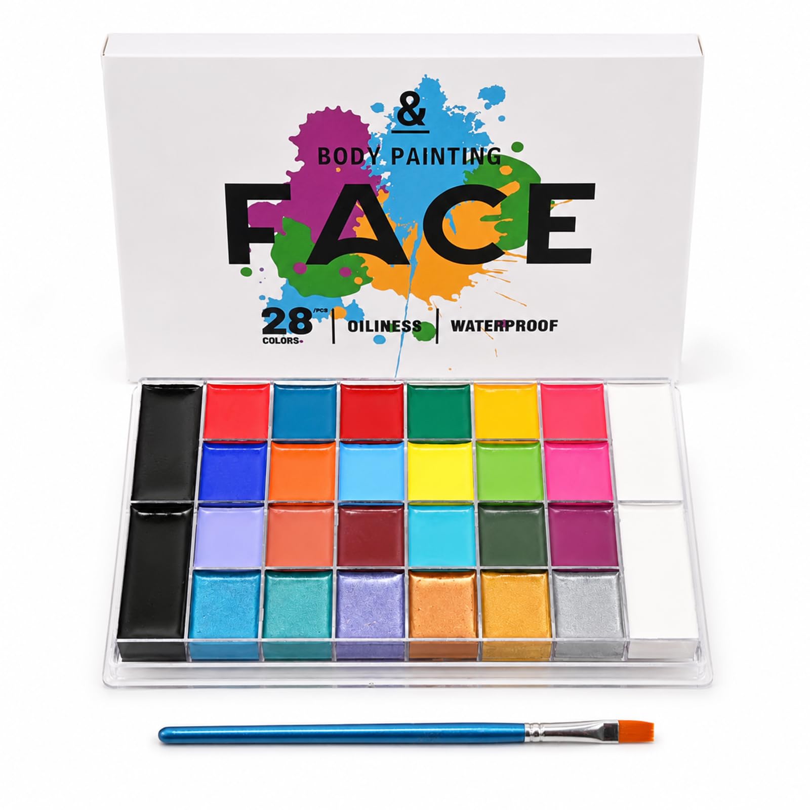 28 Colors Face Body Paint Kit, Oil Based, Waterproof Non-Toxic Face Paint Palette with Brush for Halloween Cosplay, Parties & Stage Makeup