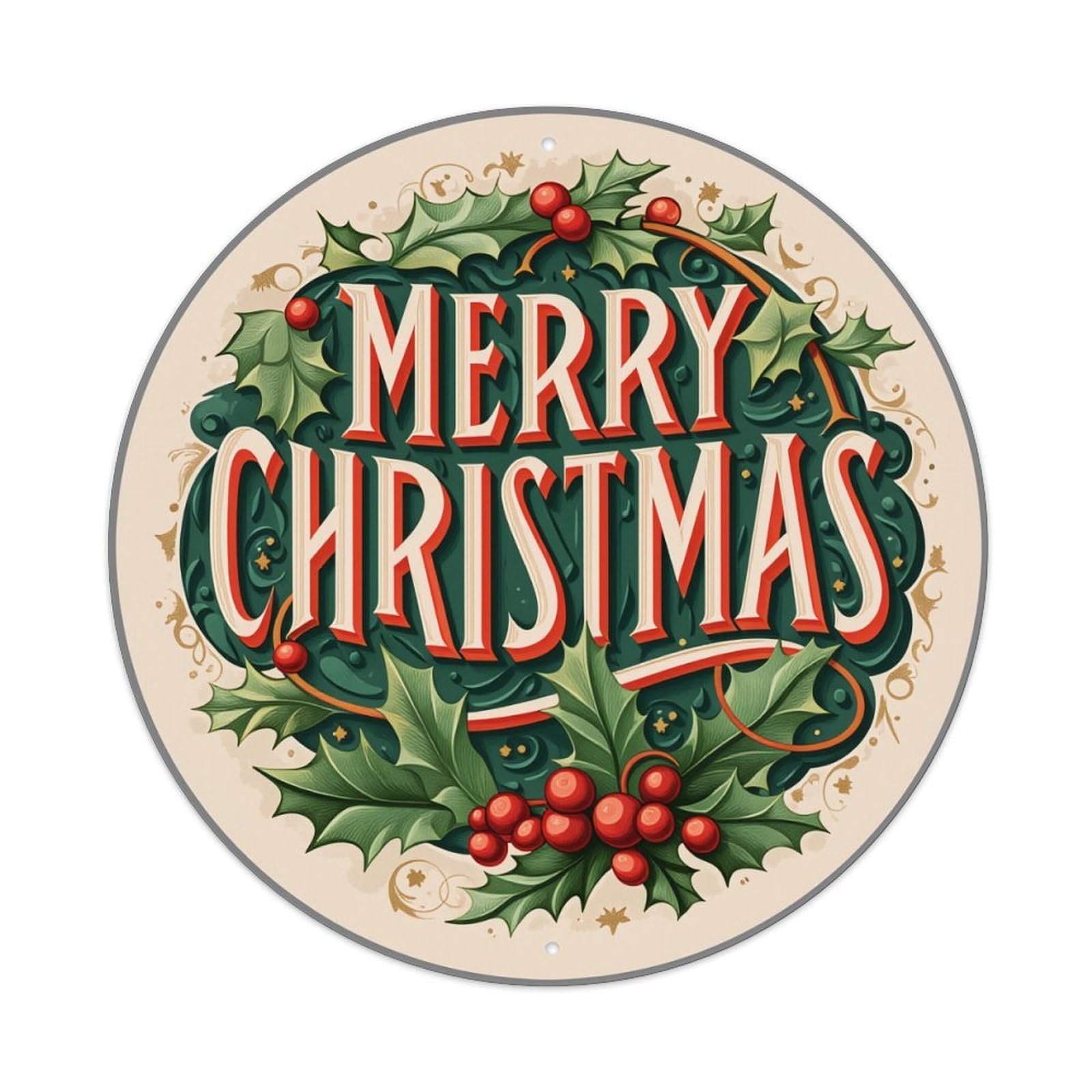 Merry Christmas Holly Berries Design Round Tin Sign Vintage Metal Poster, Home Bar Garage Man Cave Cafe Indoor & Outdoor Wall Decoration 8x8Inches
