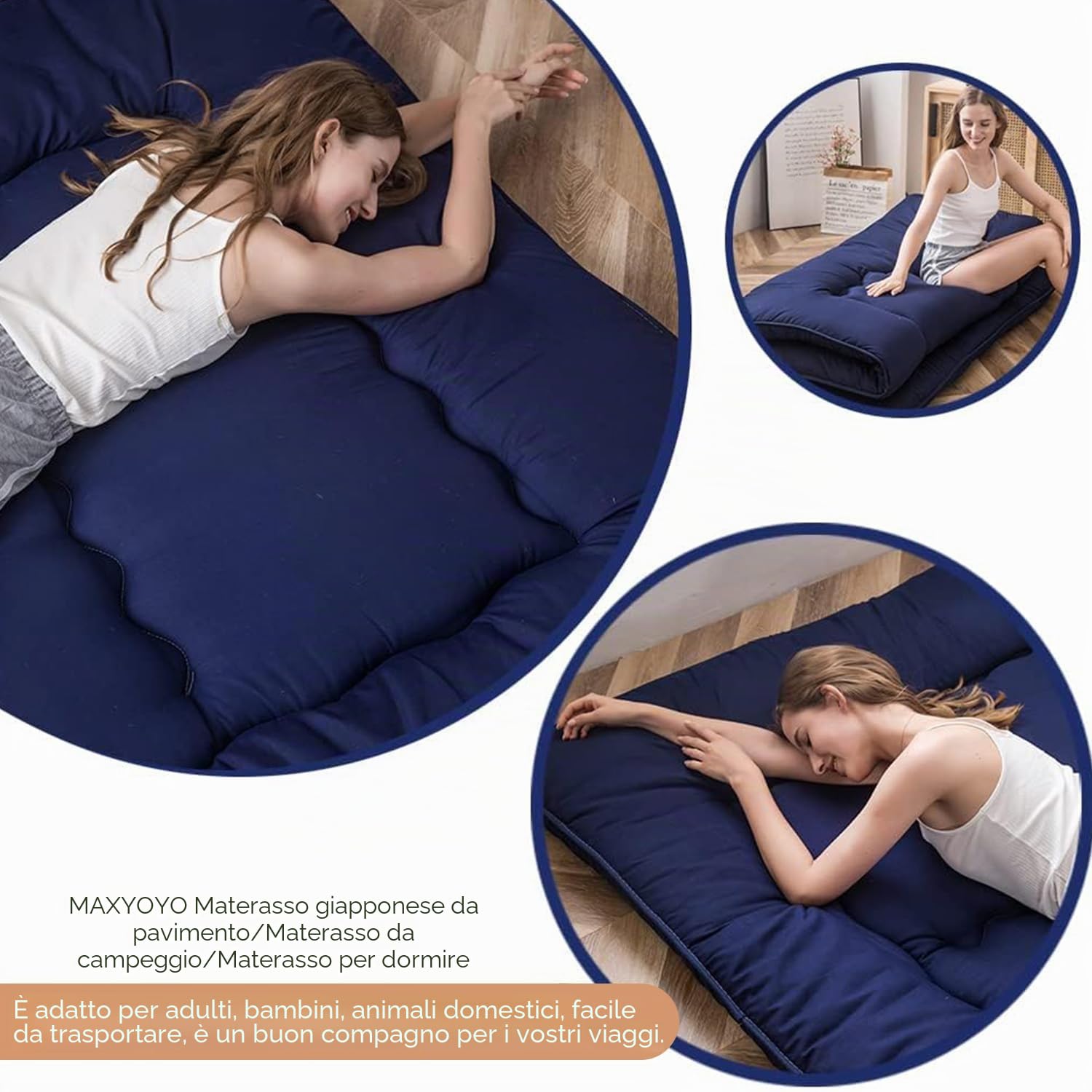 Materasso futon, materasso da pavimento giapponese imbottito, trapuntato, extra spesso, pieghevole, traspirante, letto per gli ospiti, letto da campeggio (blu navy, matrimoniale)