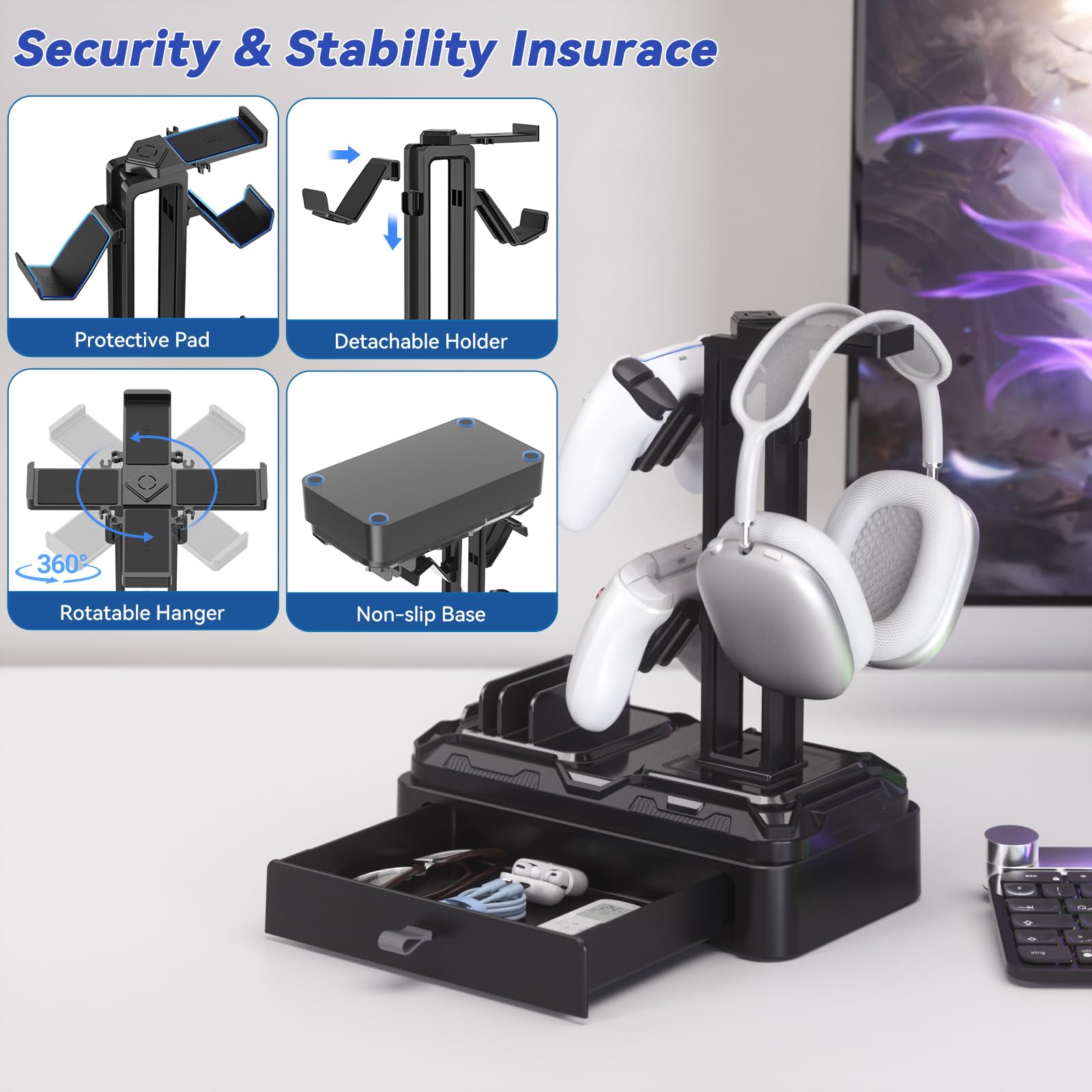 KDD Support Casque avec Tiroir - Porte Casque Rotatif & Manette Amovible pour Bureau - Organisateur Multifonctionnel avec Emplacement pour Téléphones, Tablettes - Accessoires Gaming