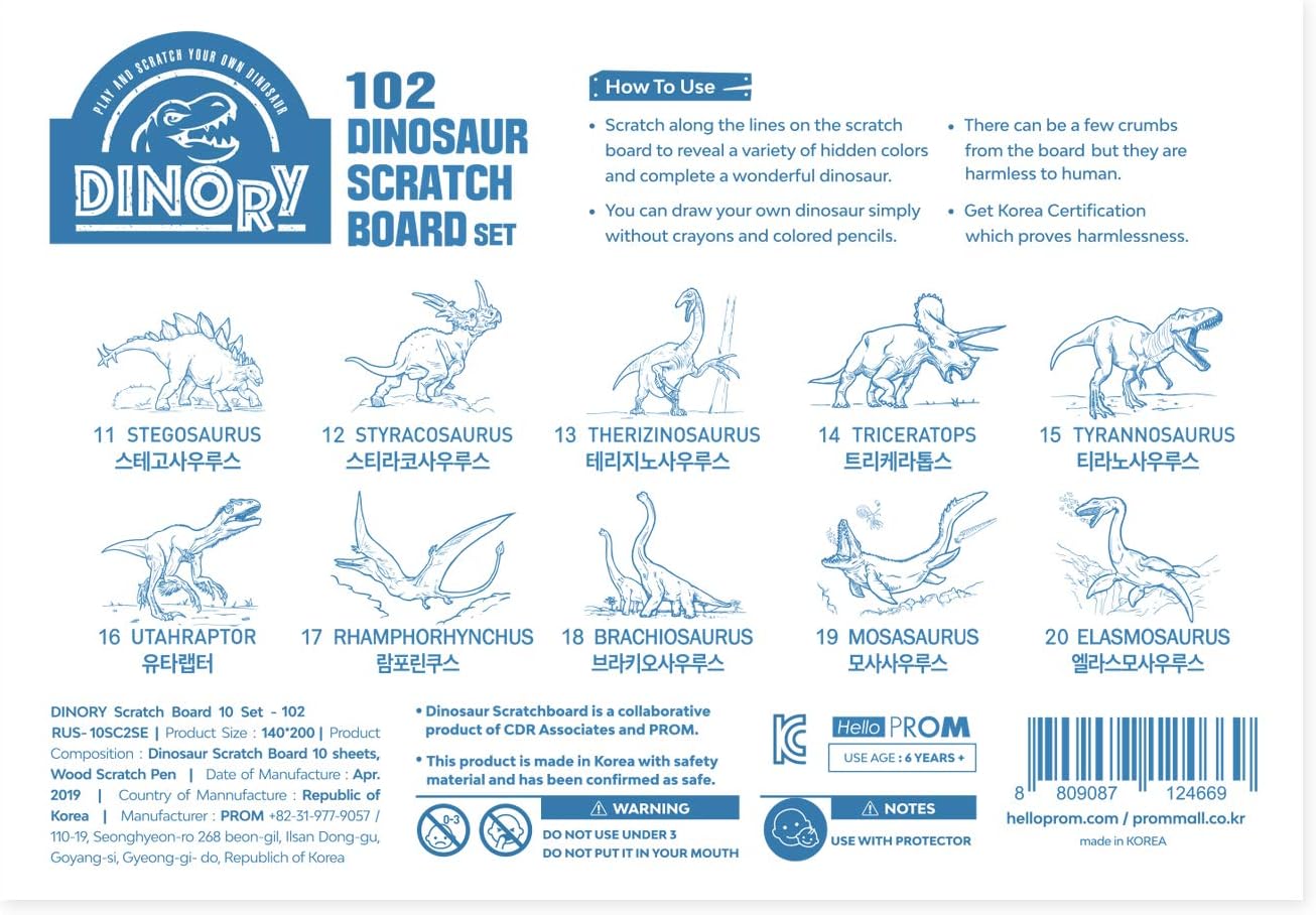 DINORY Scratch Art for Kids & Adults, Dinosaur Scratch Set 102 (10 Dinosaurs)