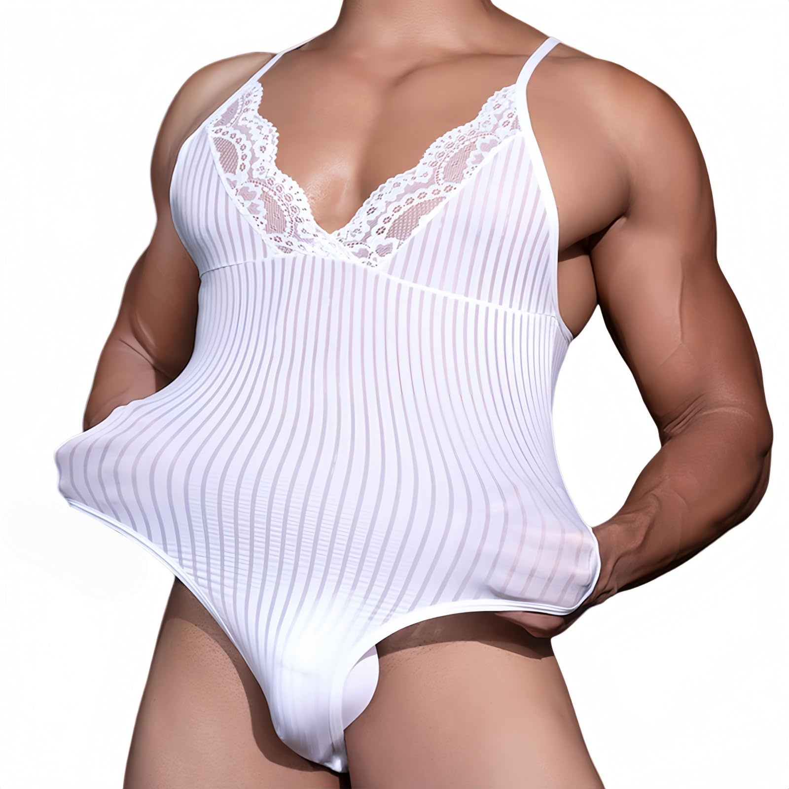 DUOYIJIN Men's Sleeveless Leotard Bodysuit with Lace Trim See Through Striped One Piece Jumpsuits Undershirt Mens Lingerie Bodysuits Sheer Mesh Wrestling Singlet Party Clubwear Nightwear, White