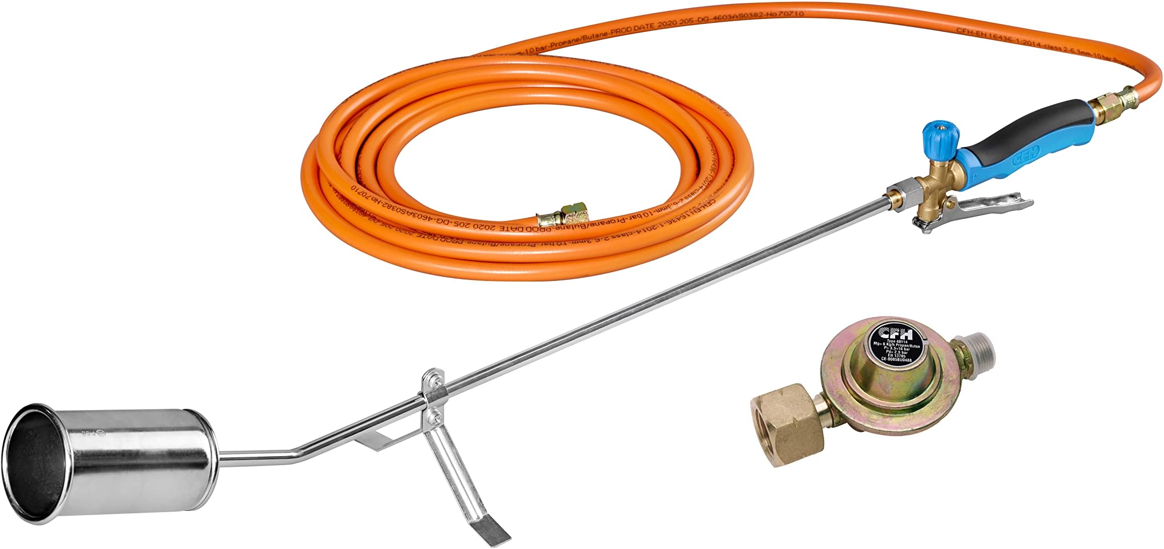 CFH GV 900 Flame Device with Gas Pressure Regulator DR 114 and Gas Hose - Weed Burner Gas Application 2.5 Bar with 3/8 Inch Connection, Ideal for Weed Elimination, Tar and Pond Film Work, TÜV SÜD GS