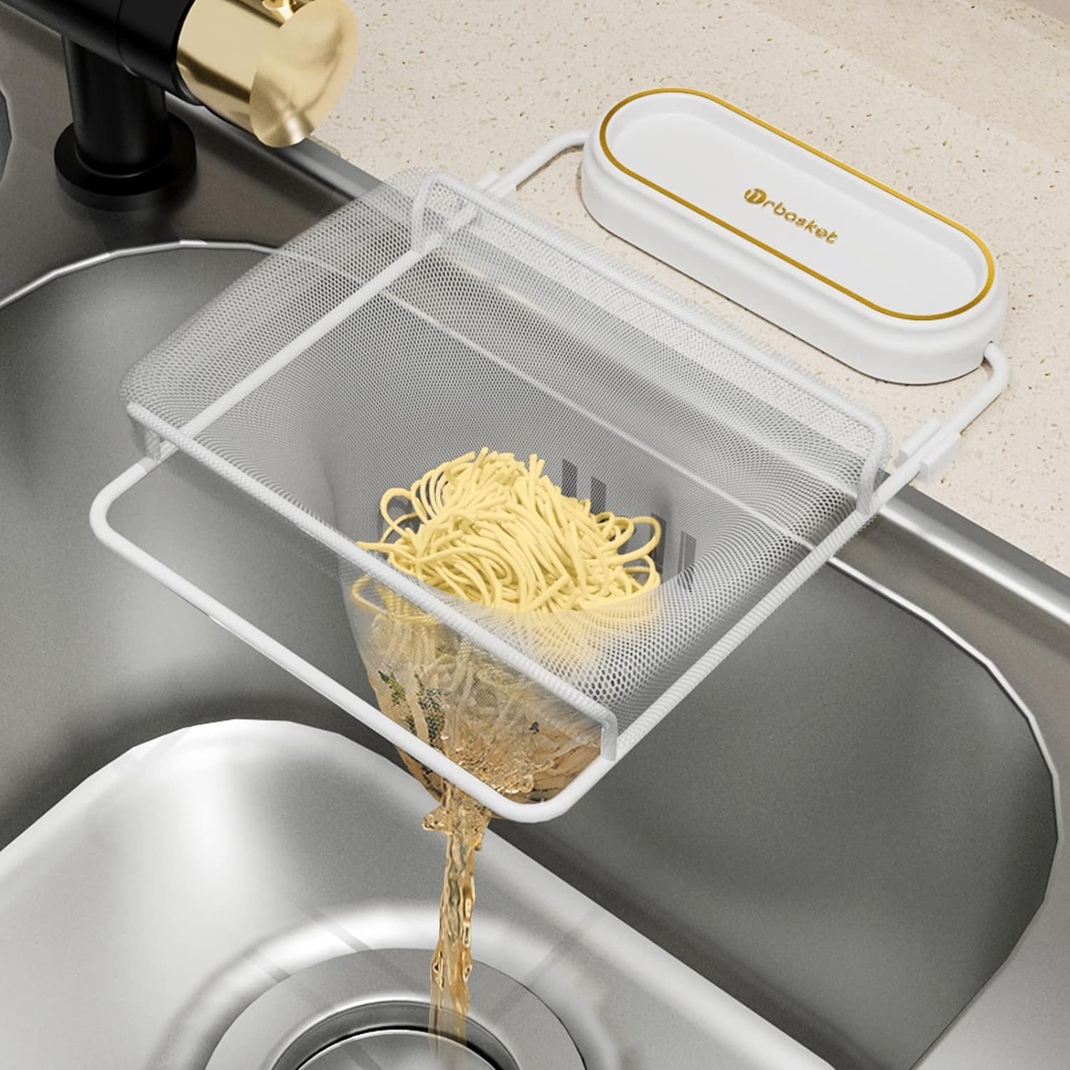 BAVIEN Kitchen Sink Filter Rack Foldable Sink Strainer with 50 PCS Mesh Bag Residue Filter Screen Holder Stand Waste Garbage Net Shelf (White+ 50pcs nets)