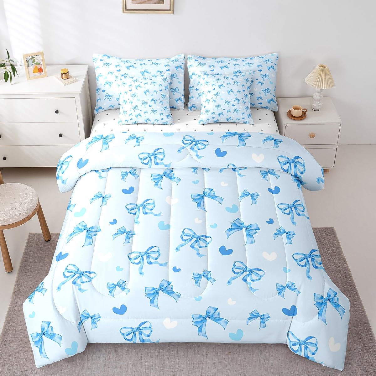 Erosebridal Blue Watercolor Kids Bow Full Comforter Set 7 Piece Cute Princess Bowknot Bedding Set for Girls Boys,Kawaii Butterfly Knot Bed in A Bag Fantasy Coquette Love Heart Bow Bed Set