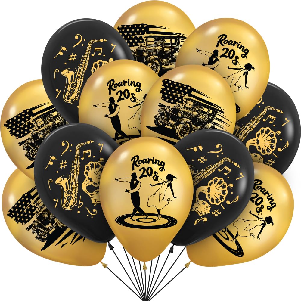 30pcs Gold and Black Roaring 20s Balloons Arch Garland 1920s Retro Music Speakeasy Themed Balloons Party Decor For Gangster Lowrider Tying Up My 20s