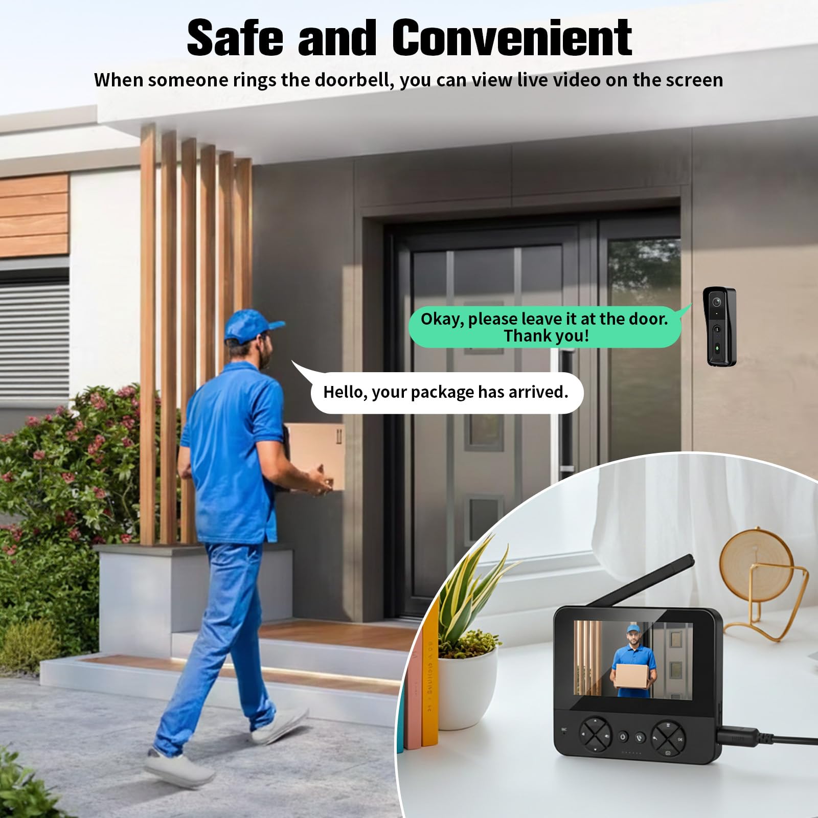Campanello senza fili con fotocamera e monitor da 4,3 pollici, campanello senza Wi-Fi, audio a 2 vie HD, citofono con rilevamento del movimento PIR, visione notturna a infrarossi e display