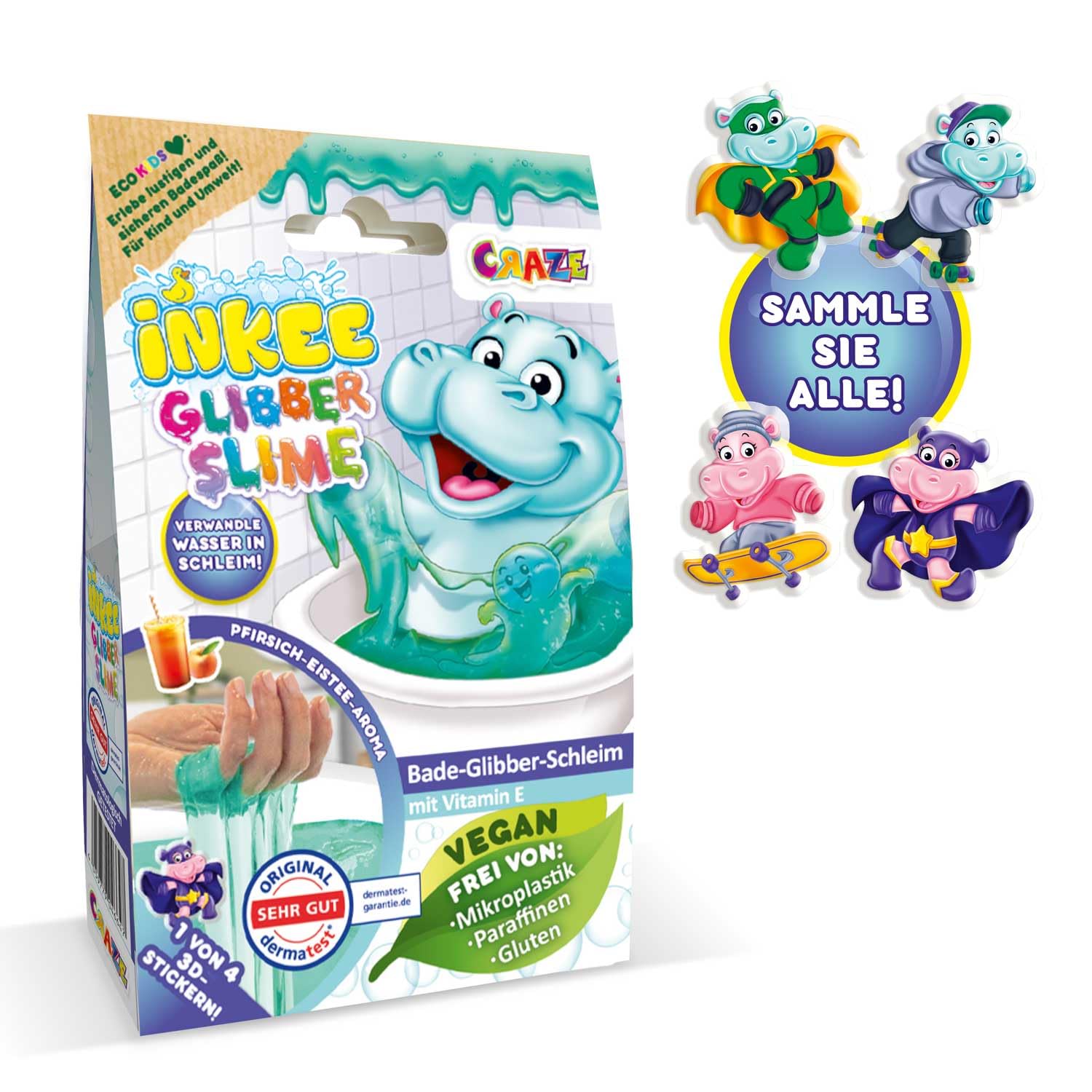 INKEE Slime de Bain Hippo Set de 10 | Poudre Slime Enfant pour Le Bain, Bain Gluant Bleu-Vert avec arôme de pêche,