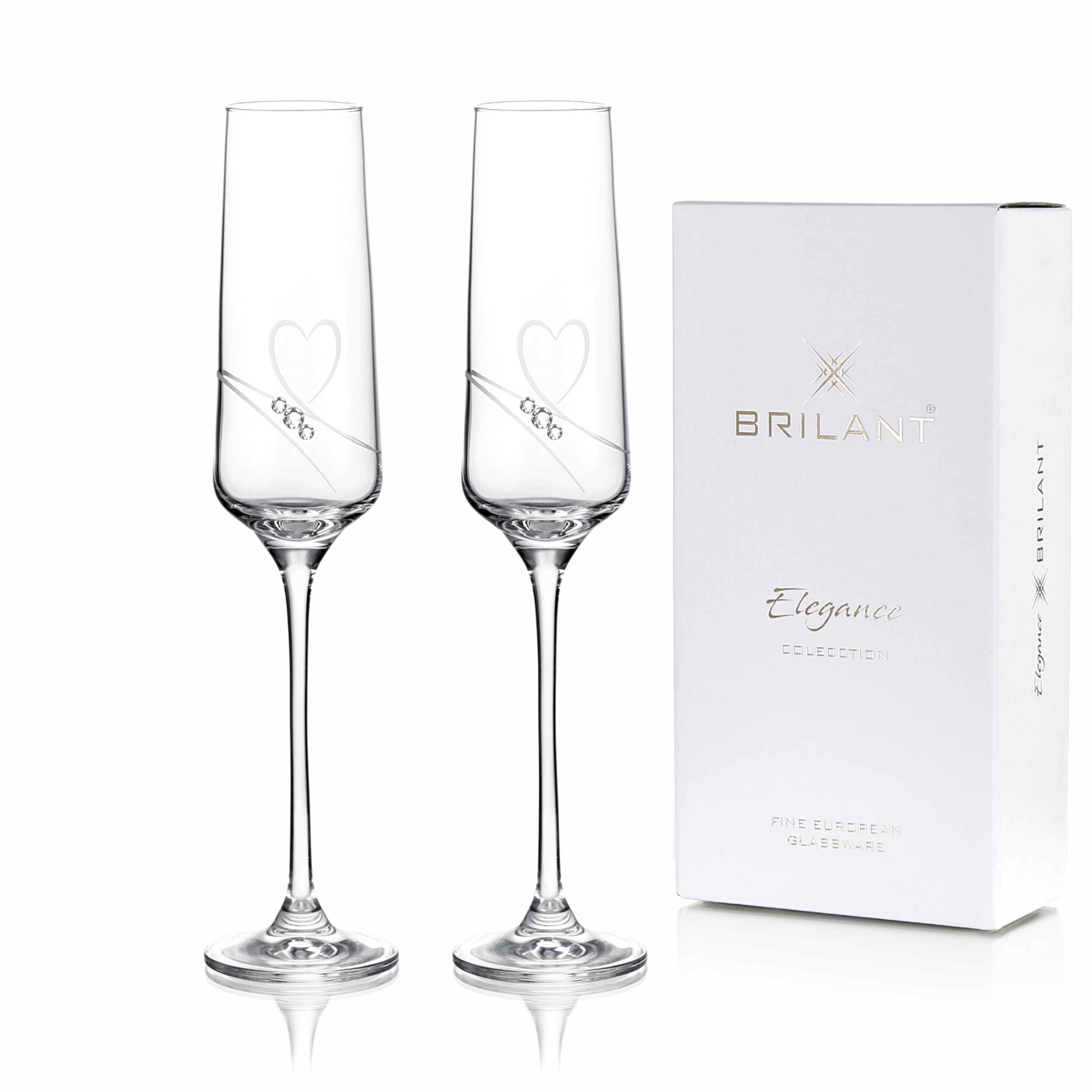 Essence of Love Champagner Gläser - Modernes Sektgläser Set, Elegante Bleifreie Champagnergläser mit Eingraviertem Herz und Hochwertigen Kristallakzenten, EU Handgefertigt - 2er Set, 190 ml