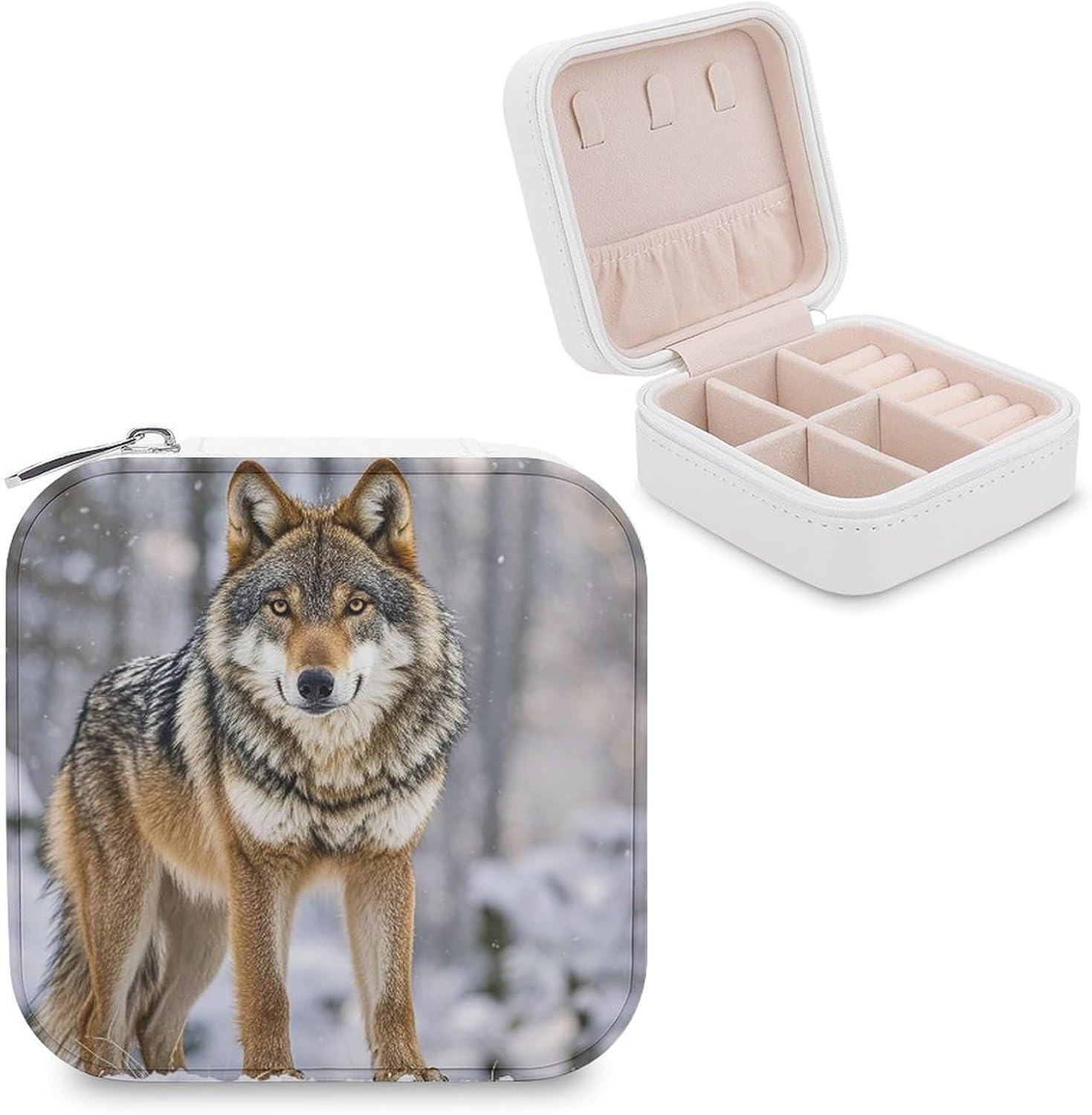 Travel Jewelry Box for Women Waterproof PU Leather Wolf Jewelry Organizer Tangle Free Portable Storage Holder Case for Necklace Pendant Bracelet Ring Watch Earring Bangle