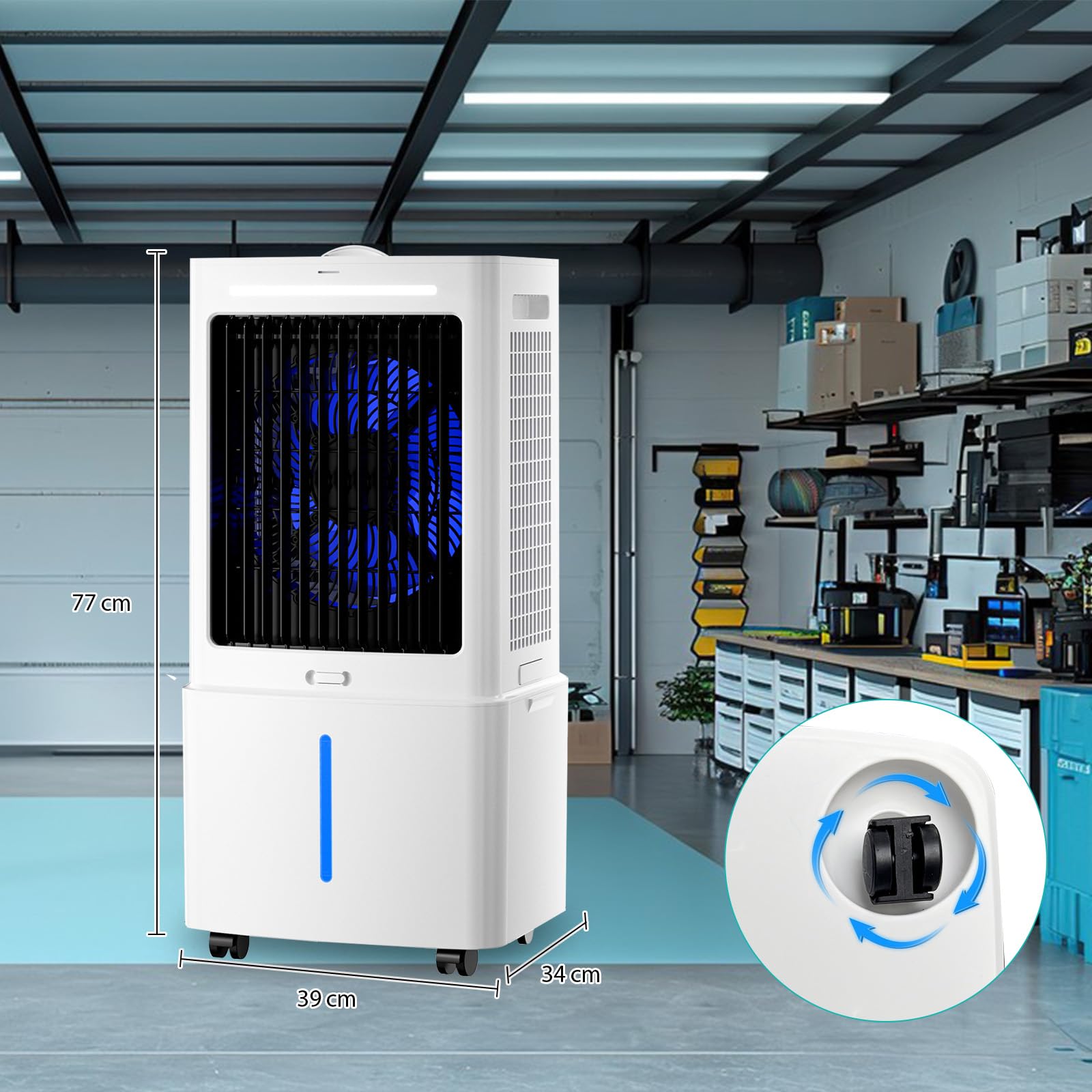 Climatizador Evaporativo Silencioso 25L Sin Tubo con Mando, Ventilador de Agua 24 Velocidades, 6 Bloques de Hielo, Temporizador 12H, Oscilación 90° para Habitación, Oficina, Garaje